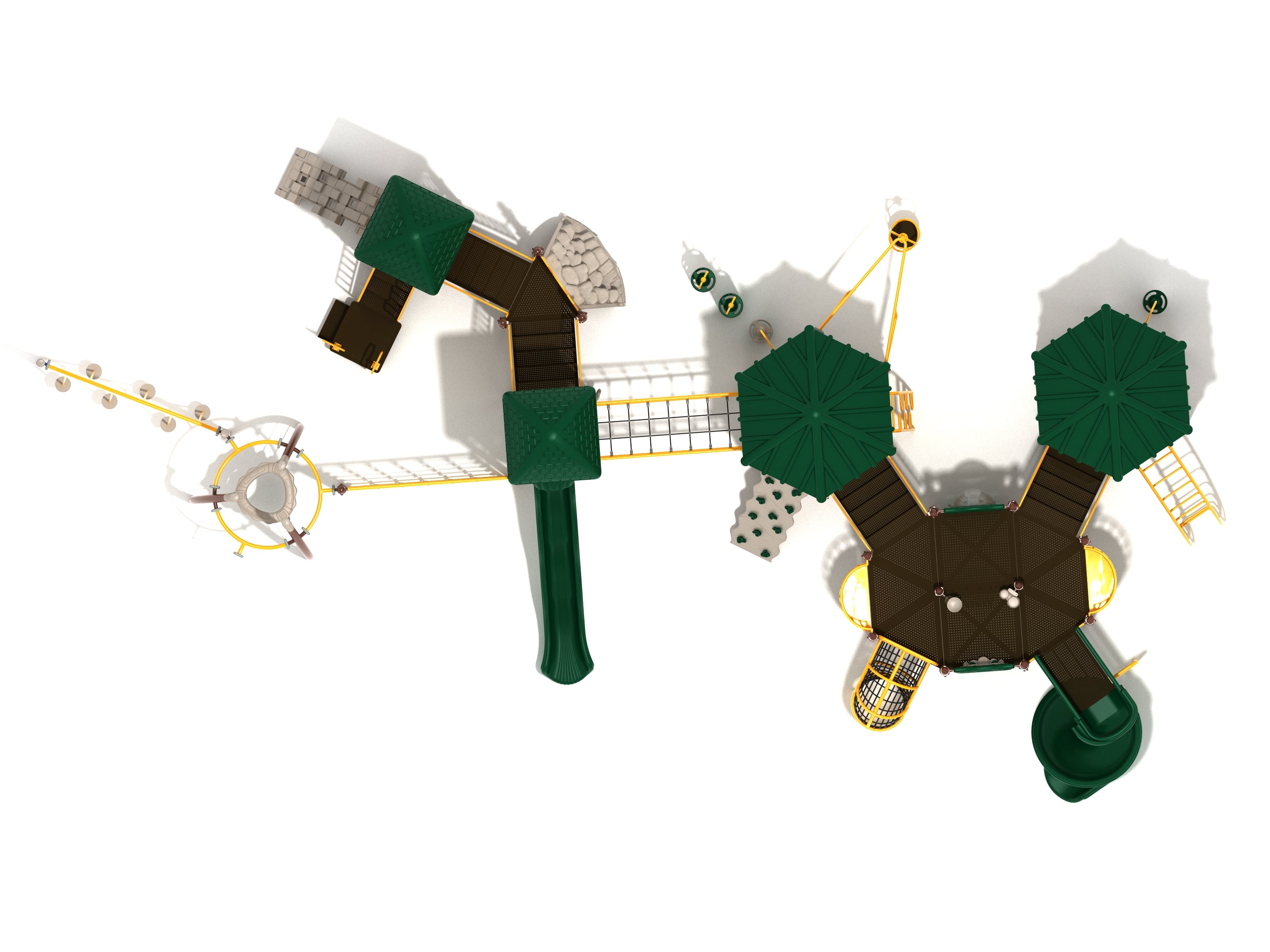 Overhead view of a large playground system with green roofs, multiple slides, climbing nets, bridges, and interactive play panels