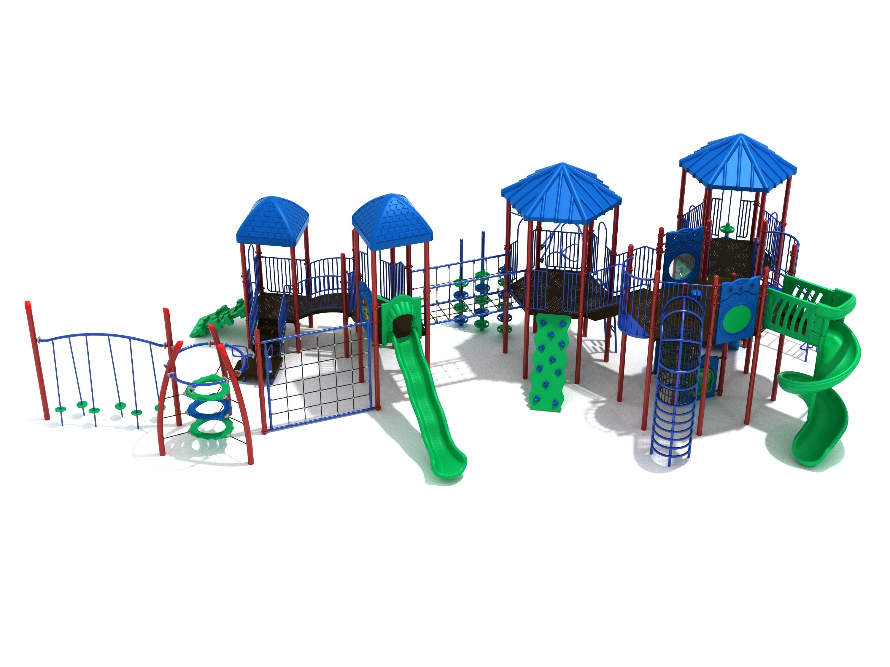 Outdoor playground structure with blue roofs, green slides, climbing nets, bridges, and interactive play panels