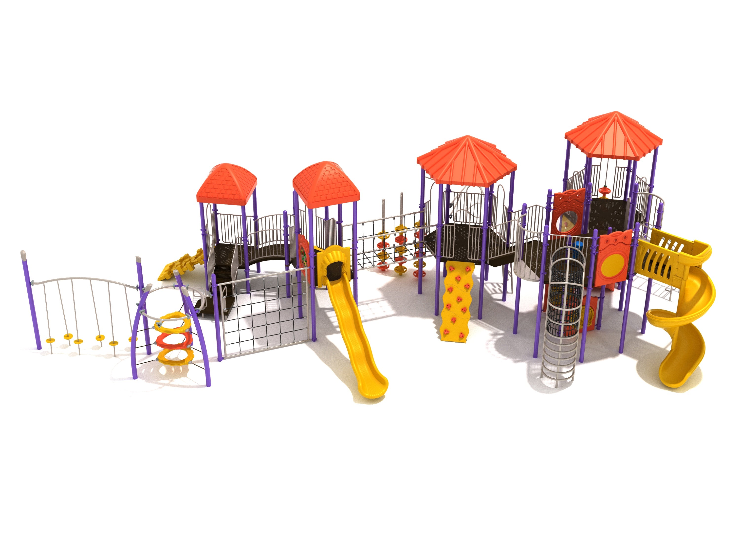 Colorful multi-level playground with slides, climbing nets, bridges, towers with red roofs, and interactive play panels.