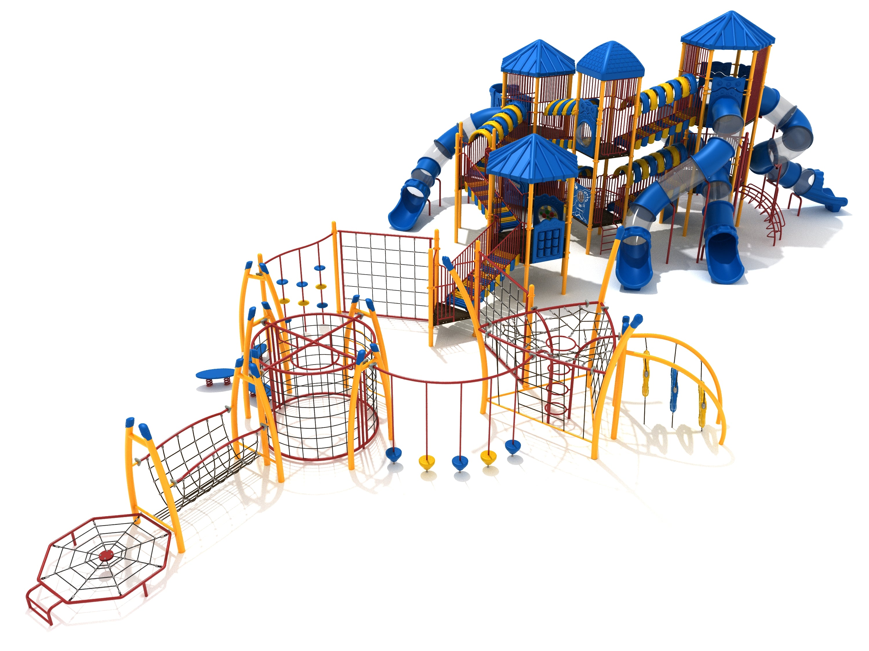 Large commercial playground with blue and yellow tube and spiral slides, climbing nets, bridges, and multiple play towers.