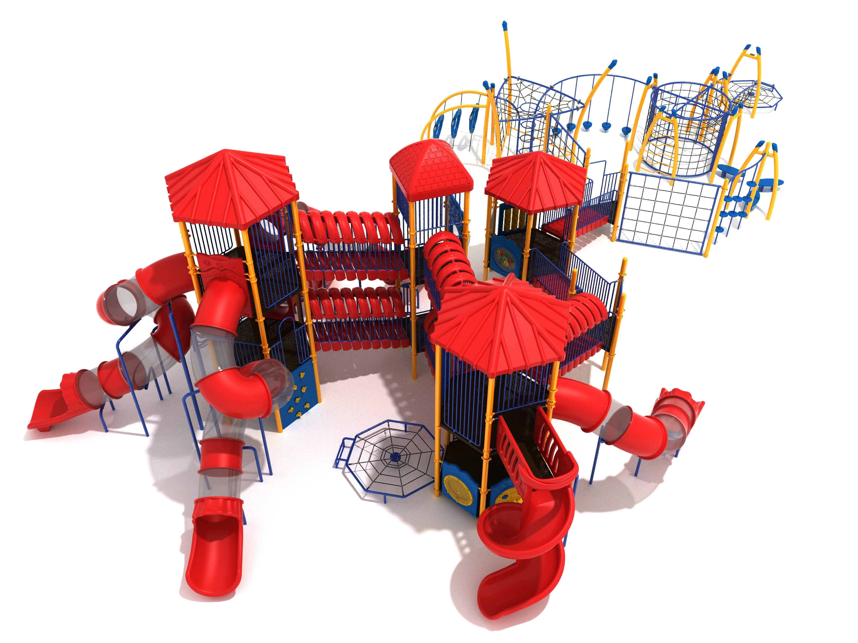 Large commercial playground with red tube and spiral slides, climbing nets, bridges, and interactive play panels