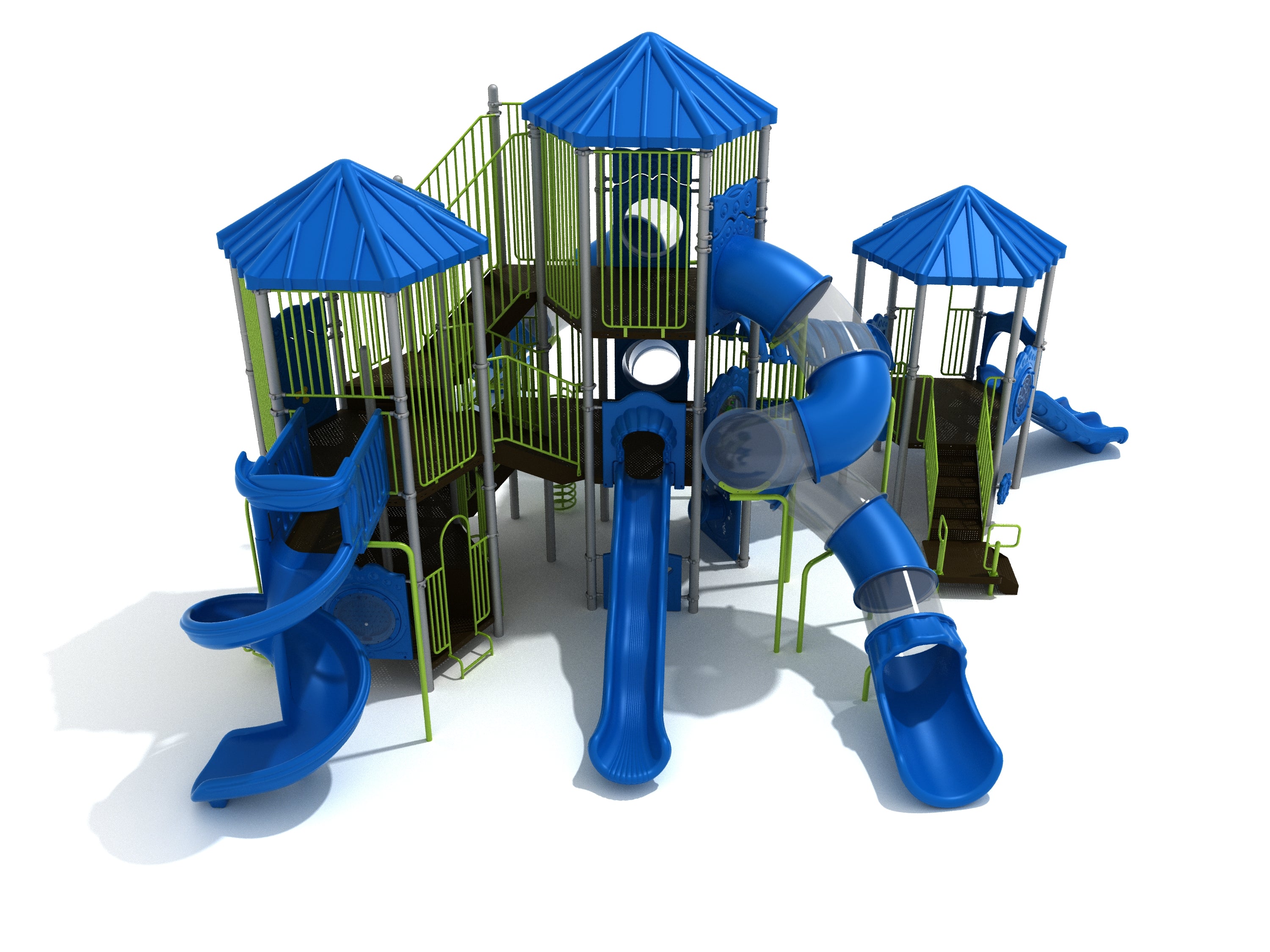 Large commercial playground with three blue tube slides, multiple towers with blue roofs, green railings, and interactive play panels.