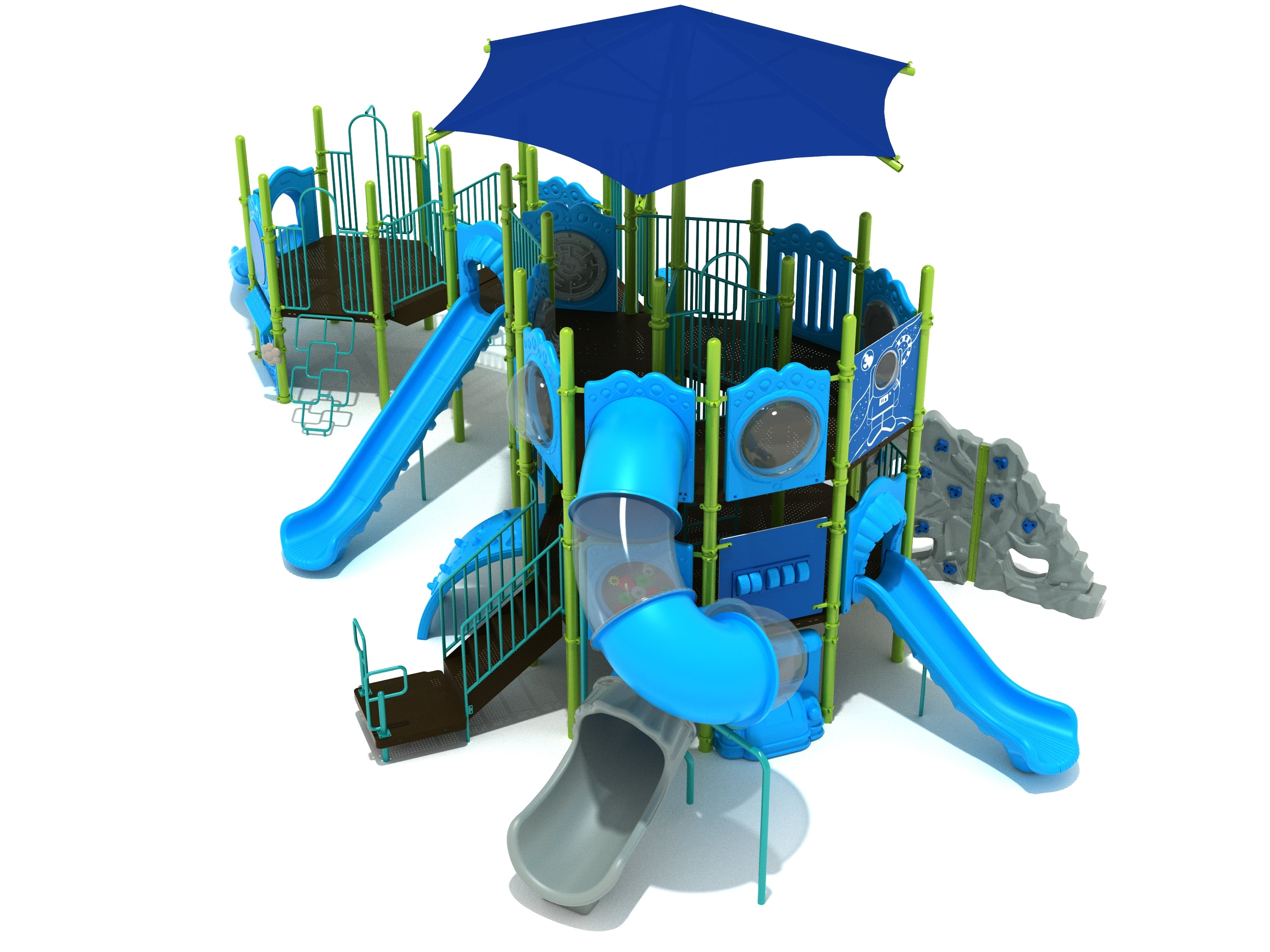 Multi-level playground structure with blue slides, climbing walls, shaded canopy, and interactive play panels.