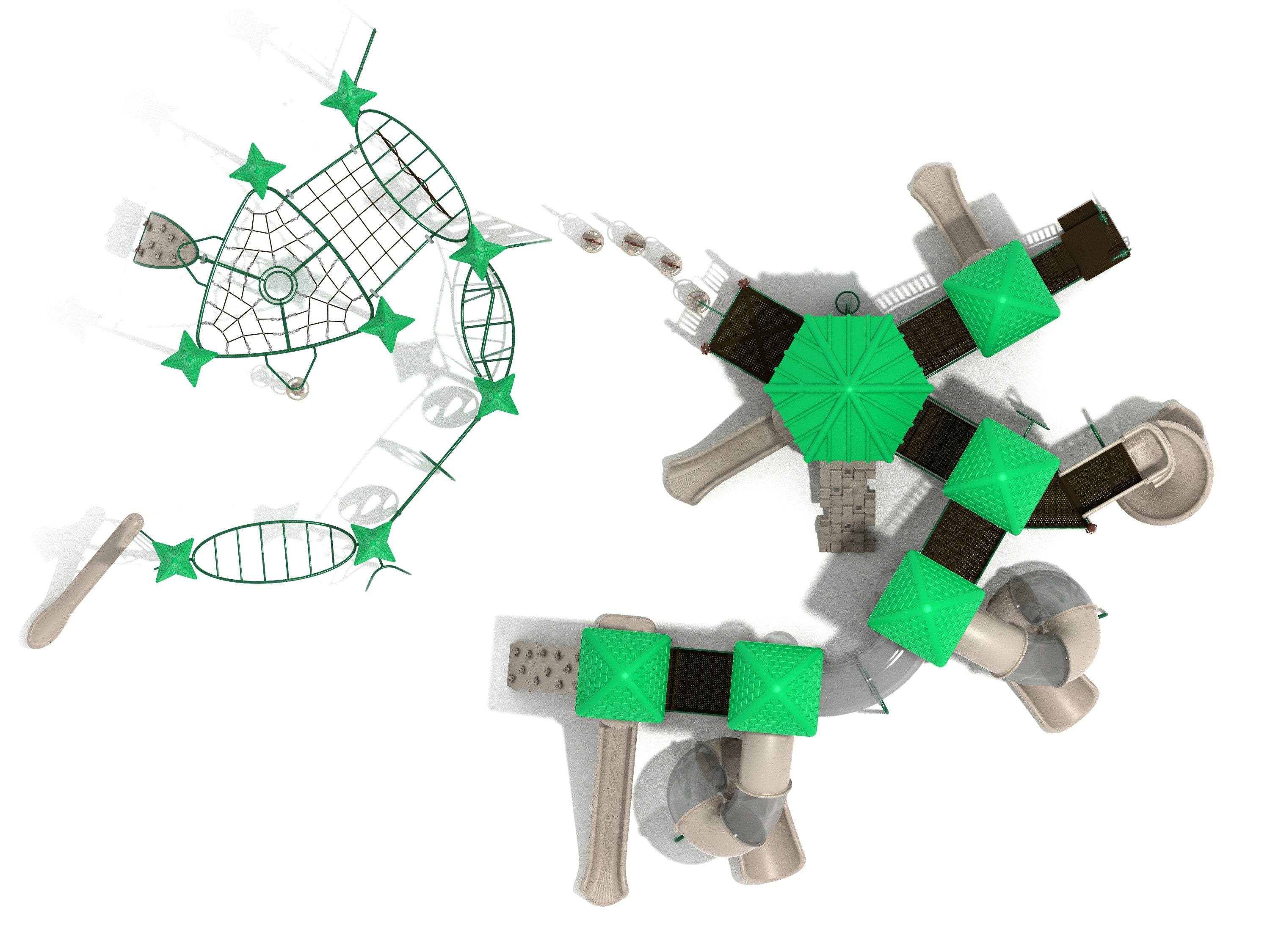Overhead view of a large forest-themed playground with green roofs, tube bridges, spiral tube slides, climbing nets, and ladders
