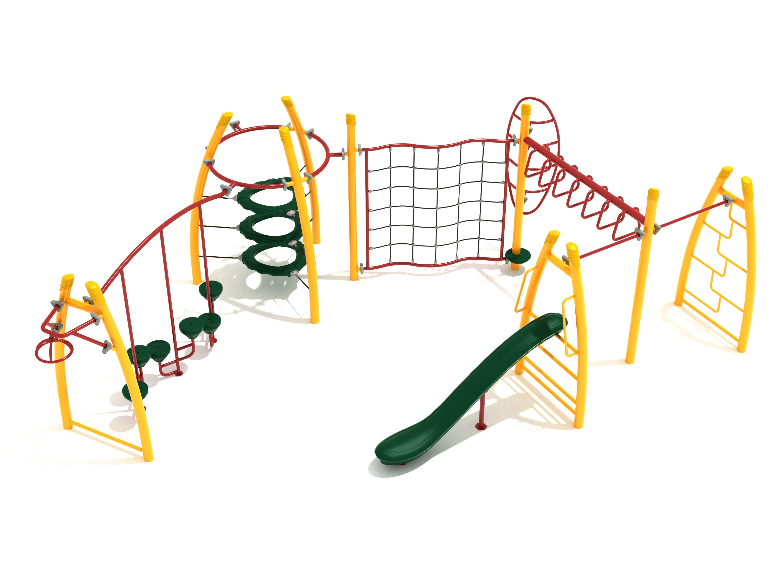 San Ramon Fitness Course Playground with yellow and red climbing structures, green saddle slide, net climbers, and maze rung ladder on white background