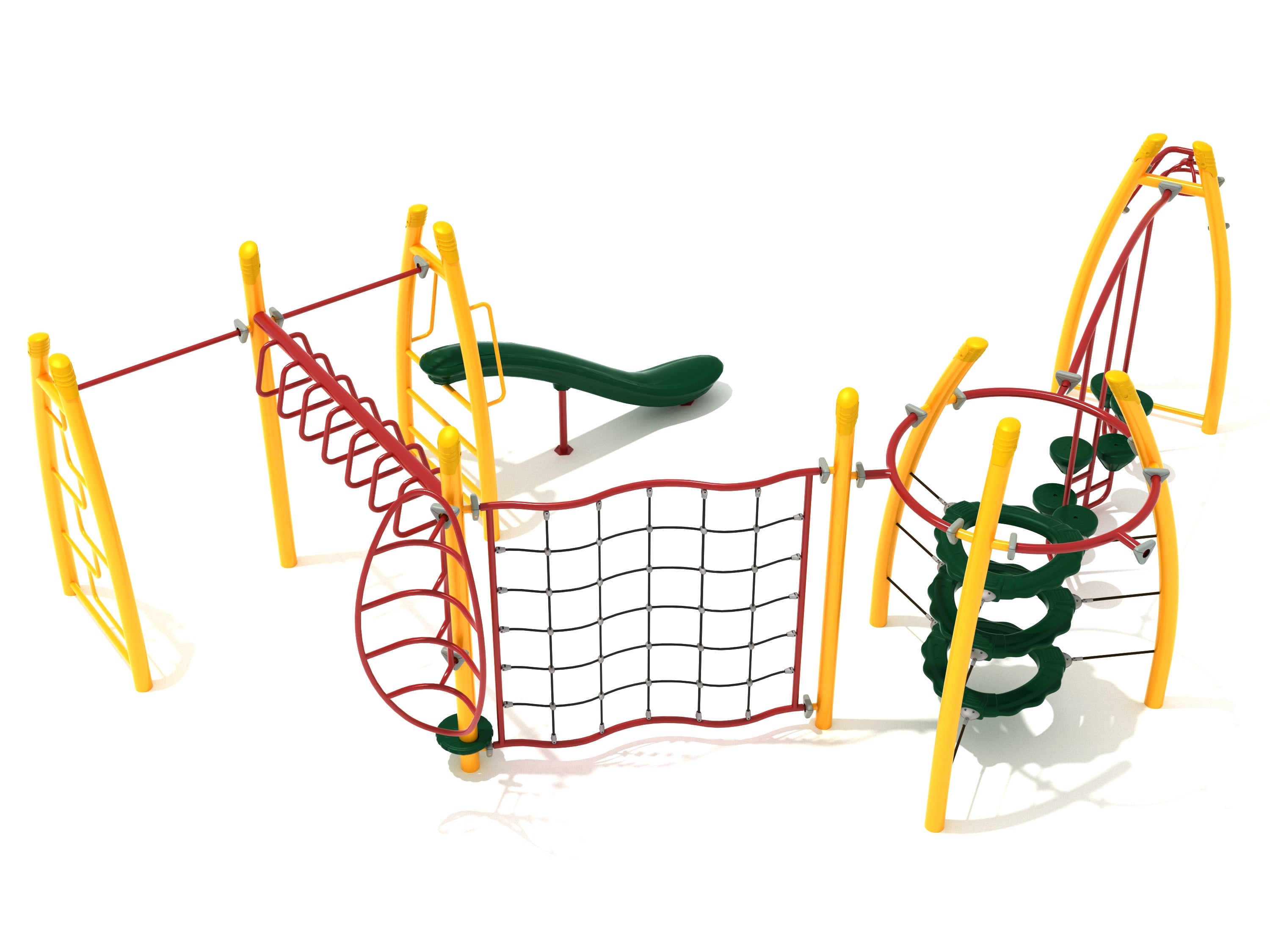 Outdoor playground with yellow posts, red climbing frames, green slide, and rope net climber for active play and fitness