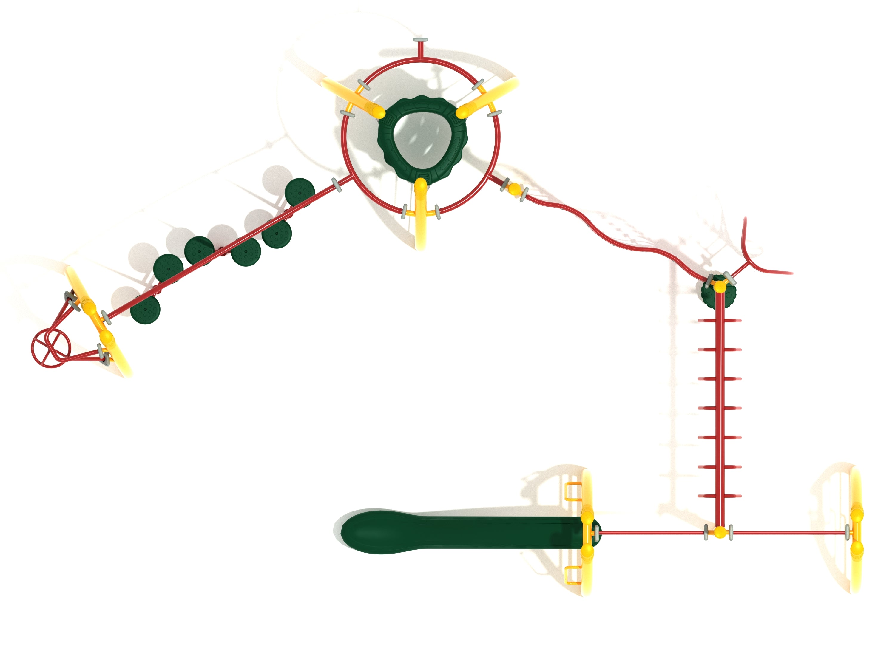 Overhead view of a colorful playground fitness course with climbing nets, balance stepping stones, ladder rungs, and a slide.