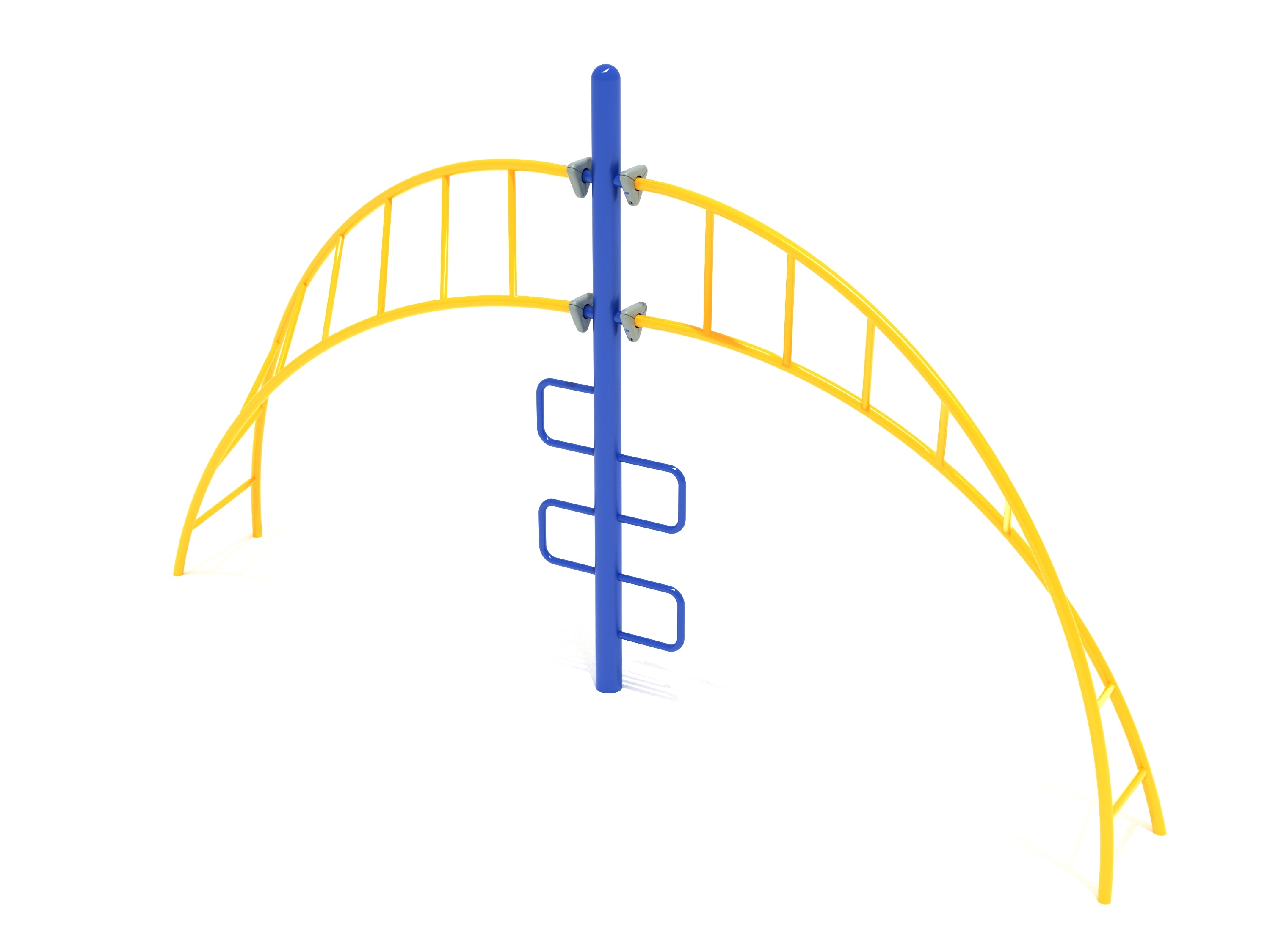 Curved Helix Climbing Ladder with blue central ladder and yellow double-arched monkey bars for playground climbing equipment