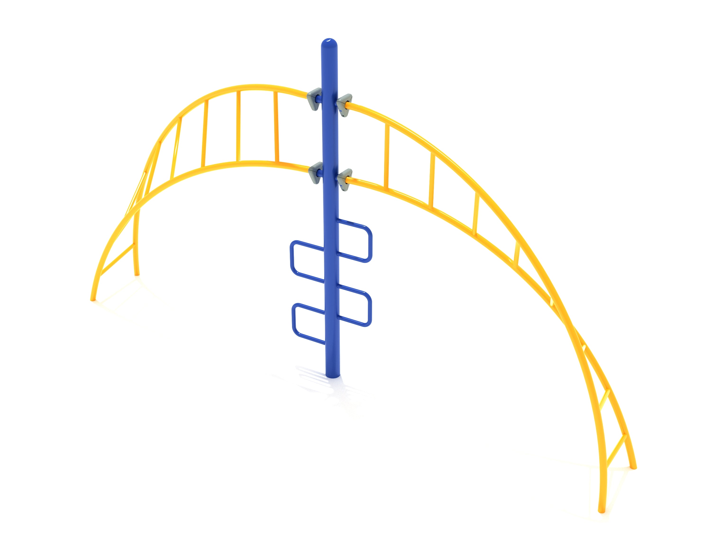 Curved yellow monkey bar arcs with central blue vertical ladder for climbing and upper-body strength development