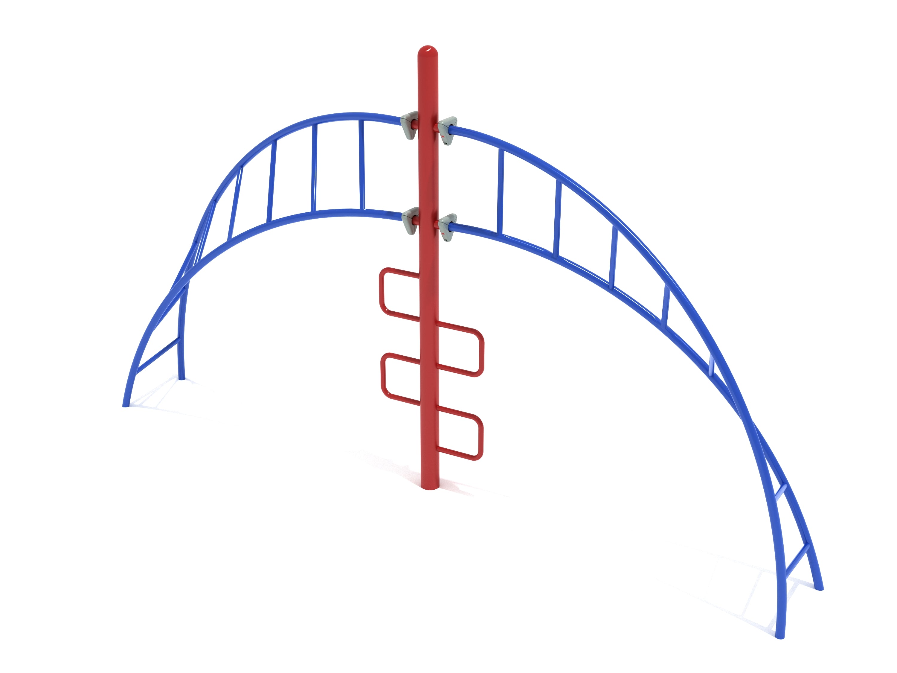 Curved blue double-arched monkey bars with central red vertical ladder climbing structure for playgrounds