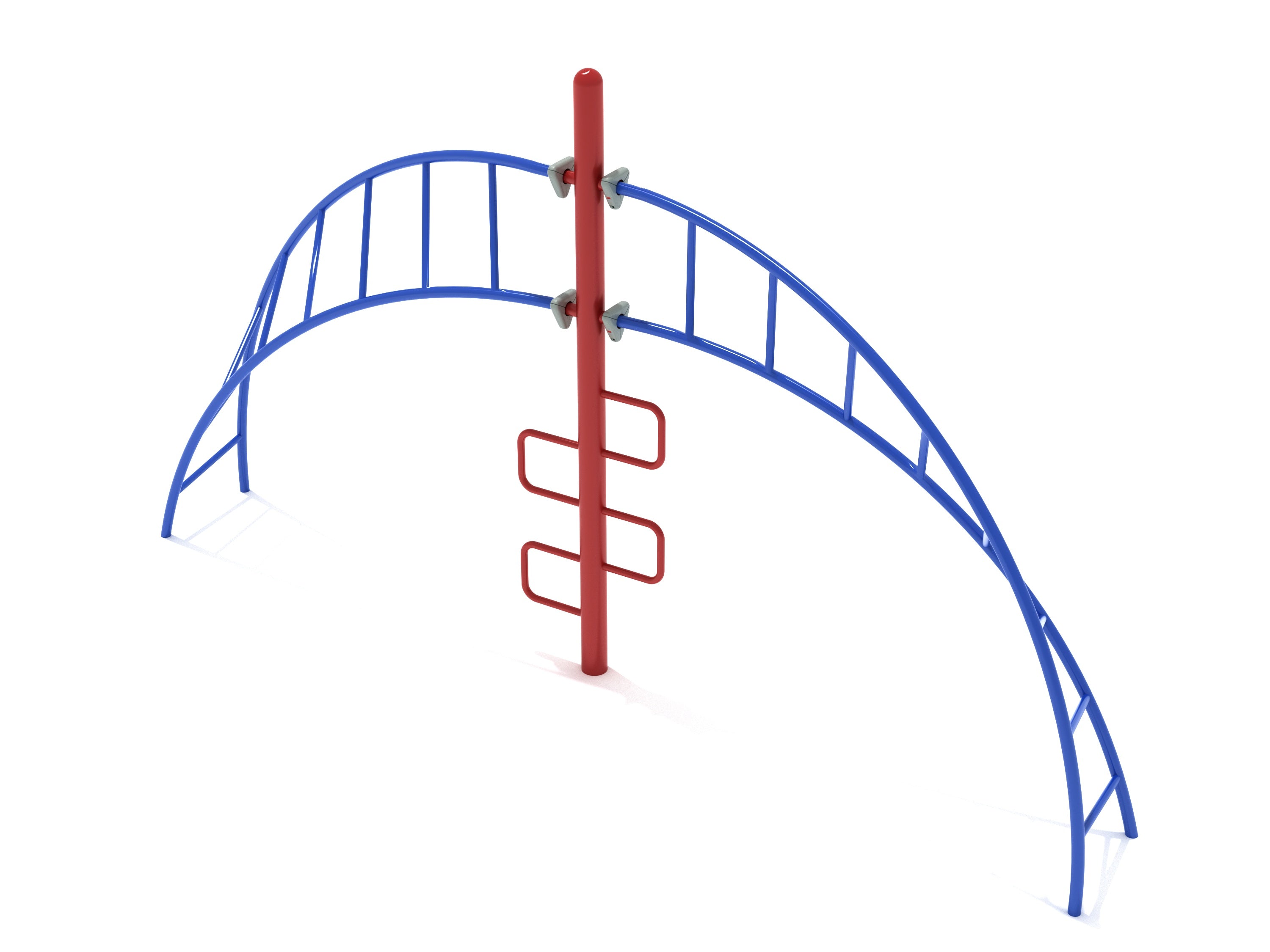 Curved blue monkey bar arcs with central red vertical ladder and side climbing rungs on playground climbing equipment