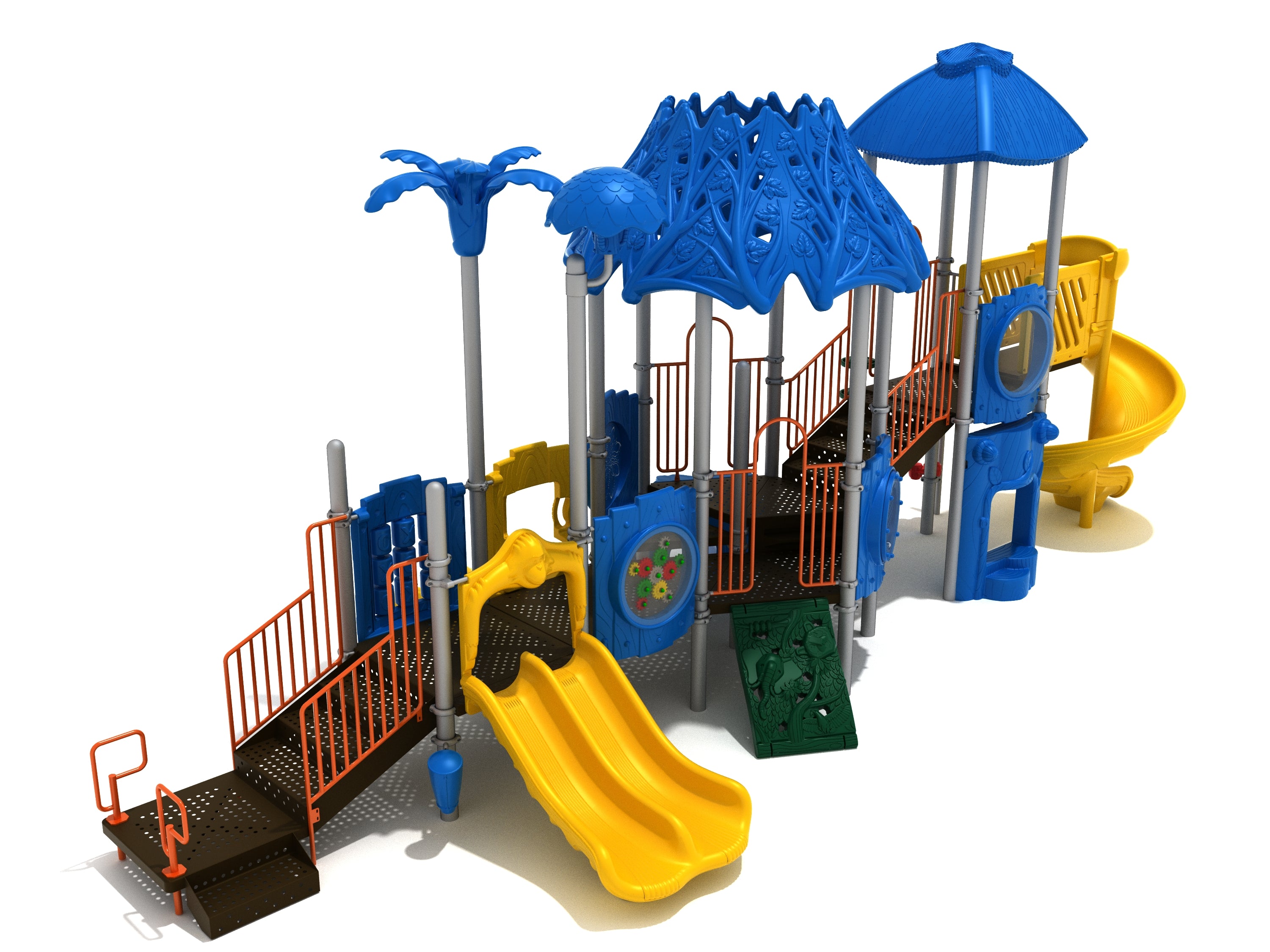 Colorful outdoor playground structure with yellow slides, blue roofs, climbing panels, and orange railings featuring a rhinoceros theme.