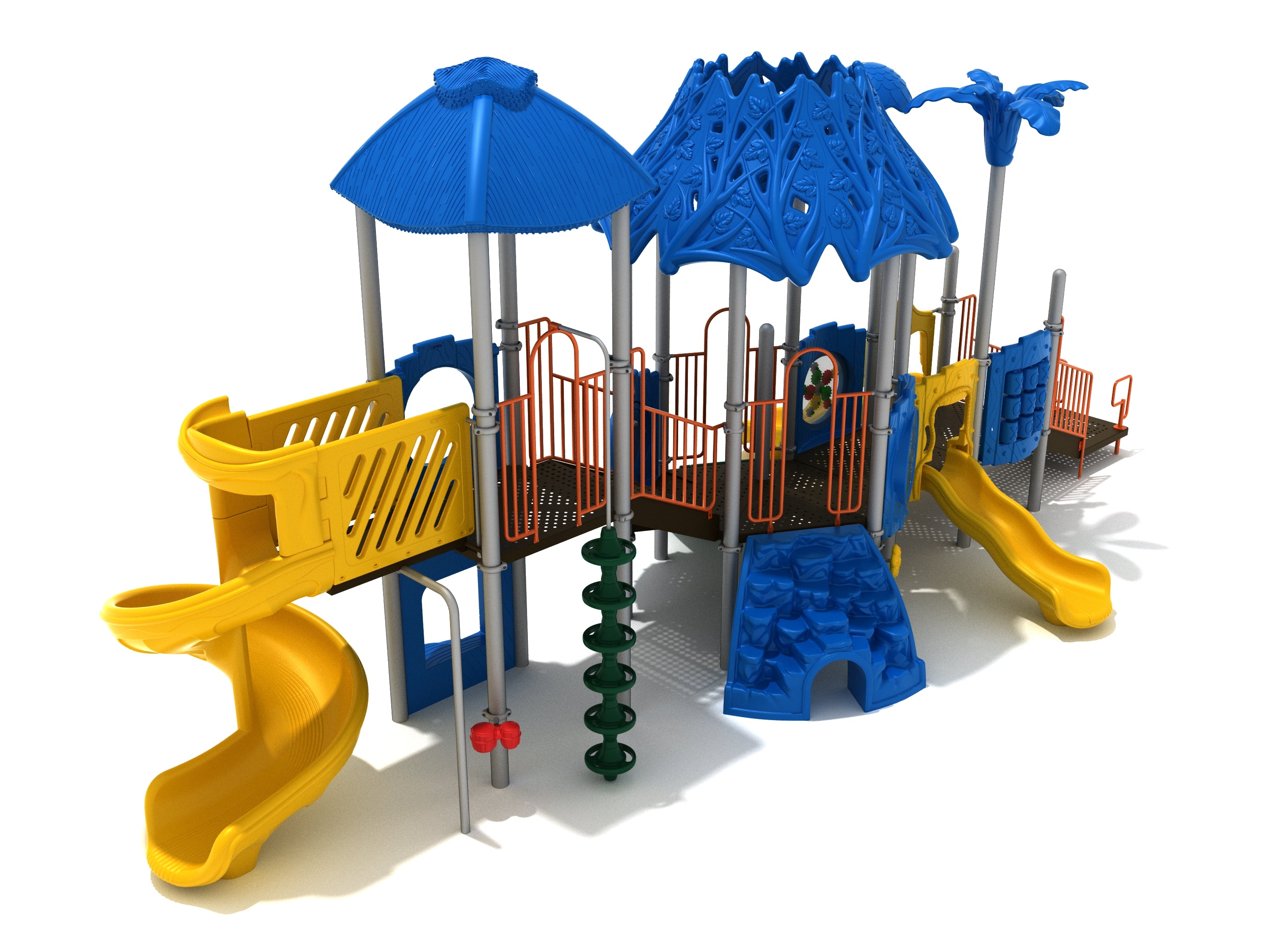 Colorful outdoor playground with yellow slides, blue climbing features, orange railings, and decorative blue roofs in a rhinoceros-themed design