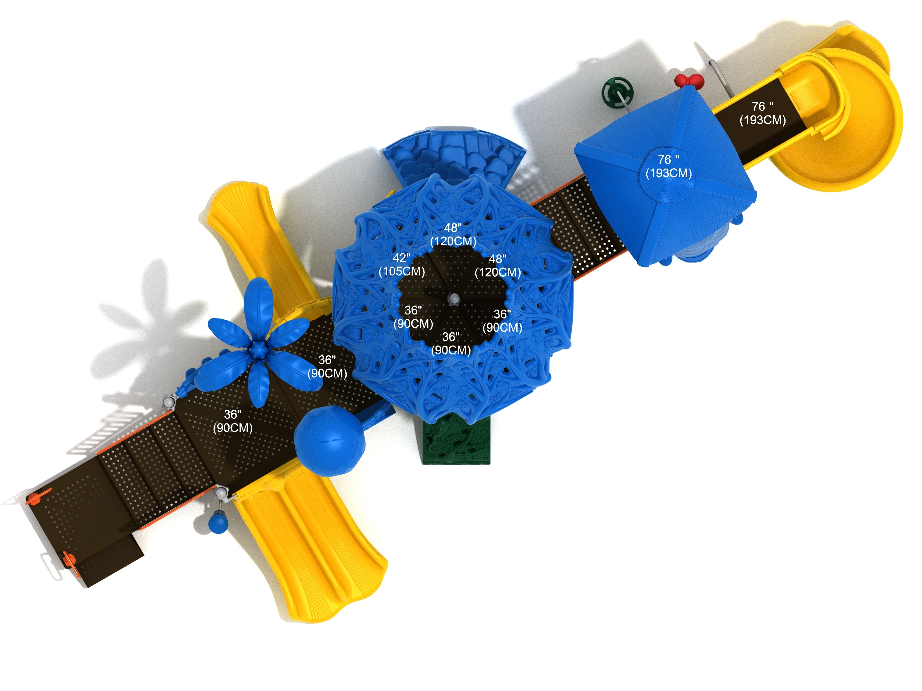 Overhead view of colorful rhinoceros-themed playground with blue roofs, yellow slides, and climbing structures