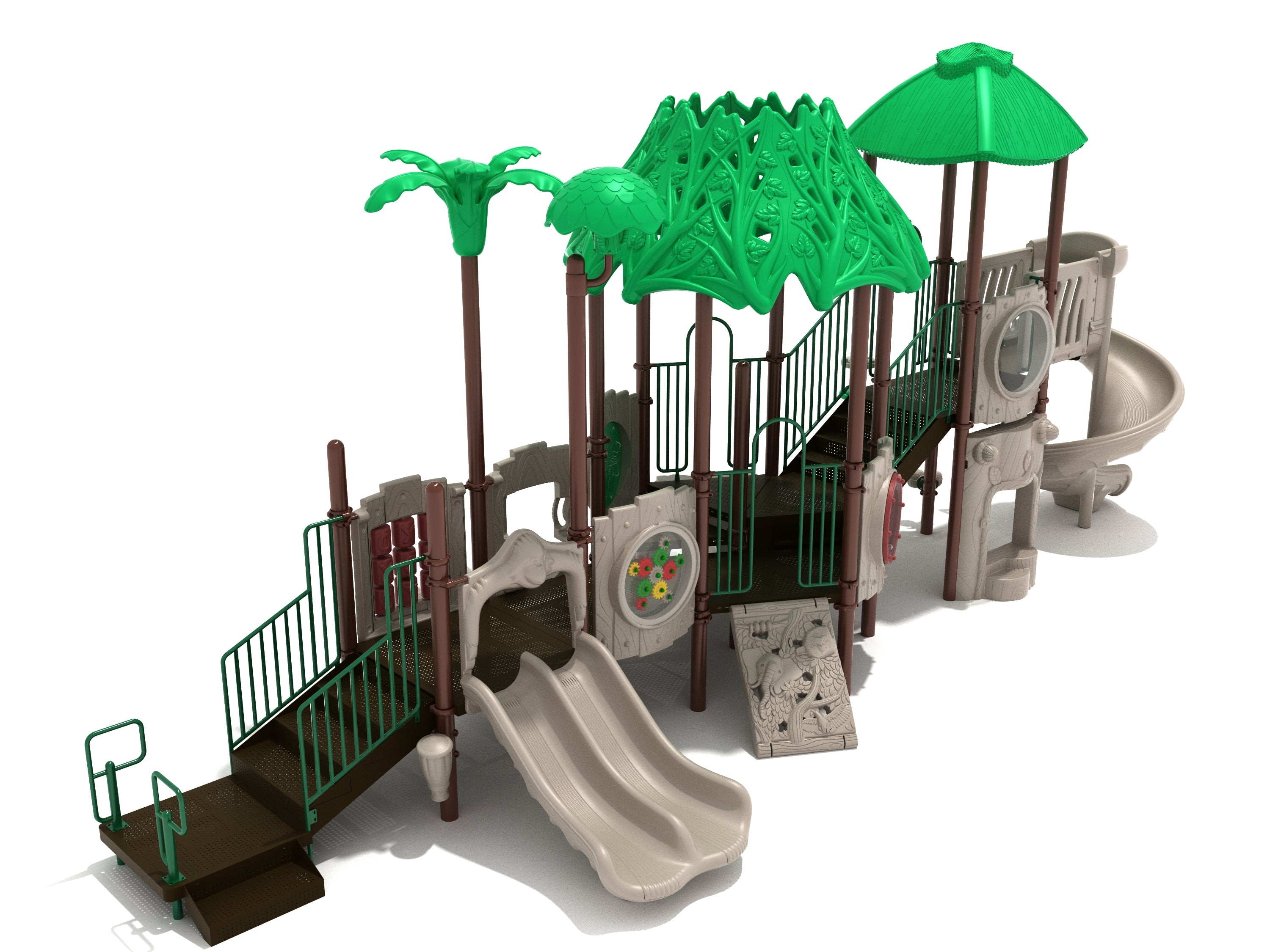Outdoor playground structure with green leaf canopies, dual beige slides, climbing panel, and animal-themed play panels