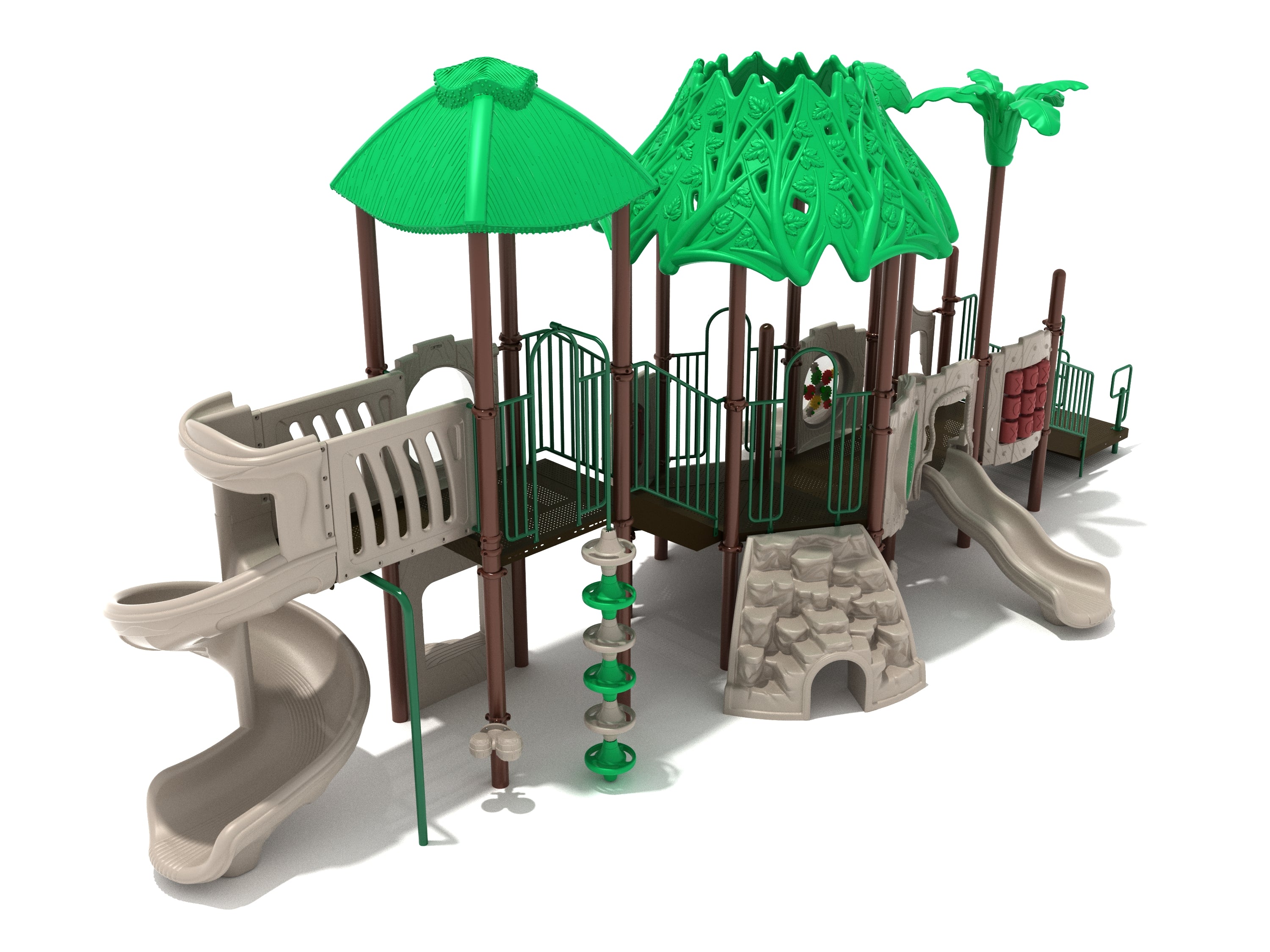 Romping Rhinoceros Playground with rhinoceros-themed jungle equipment, green leaf canopies, triple slides, rock climber, pod climber, and activity panels