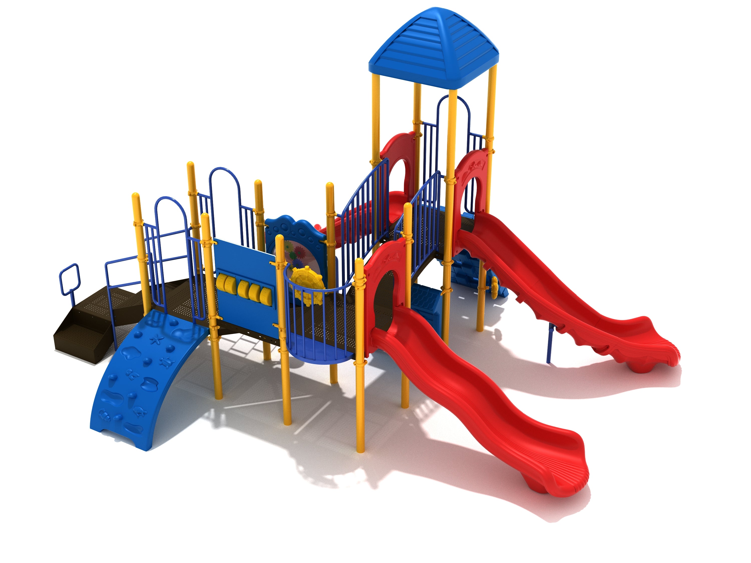 Commercial playground structure with twin red slides, blue climbers, gear panel, ship’s wheel, and roof canopy