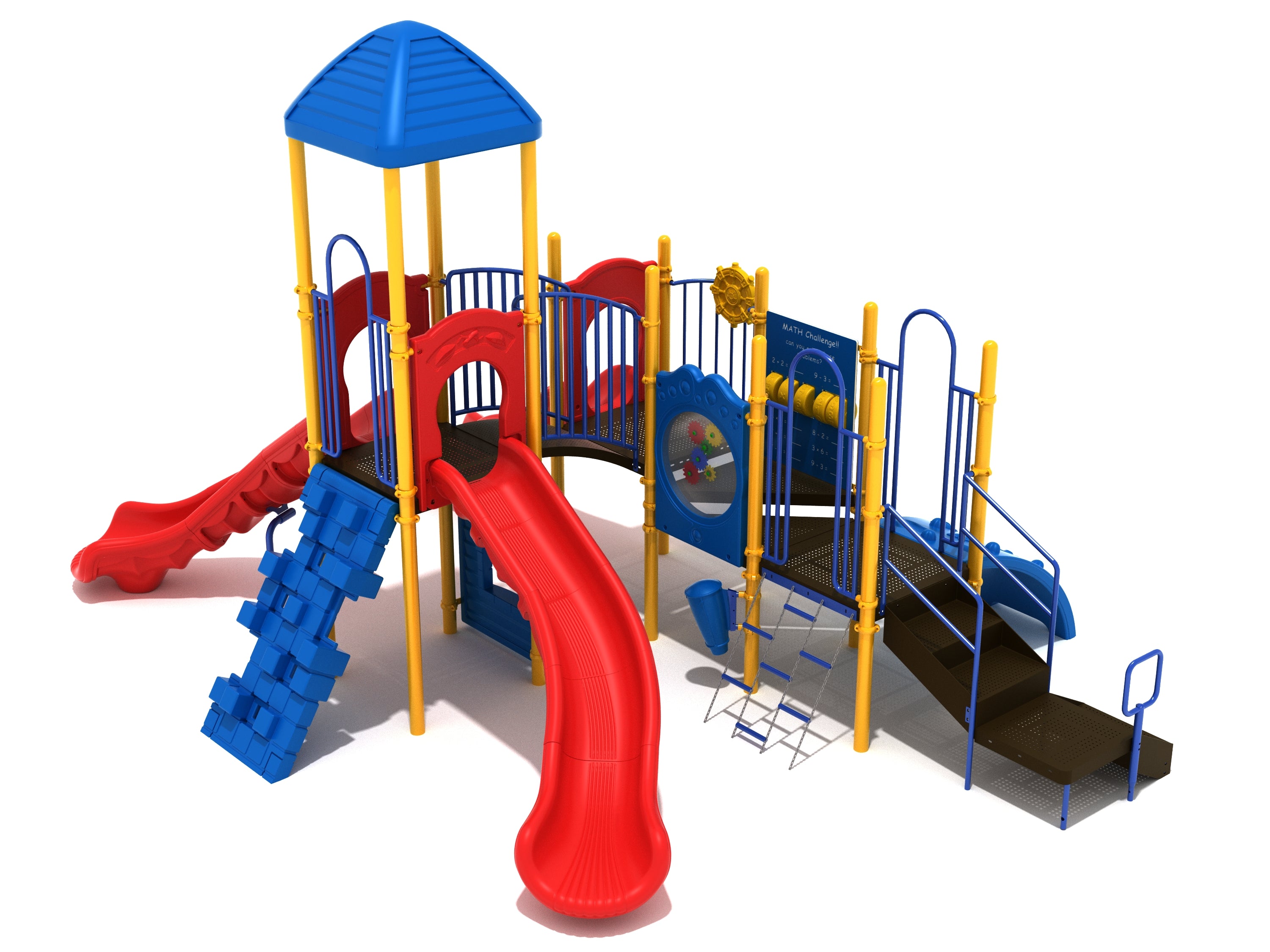 Colorful playground with red wave and turn slides, blue climbers, yellow posts, gear and math activity panels, ship’s wheel, and accessible ramp