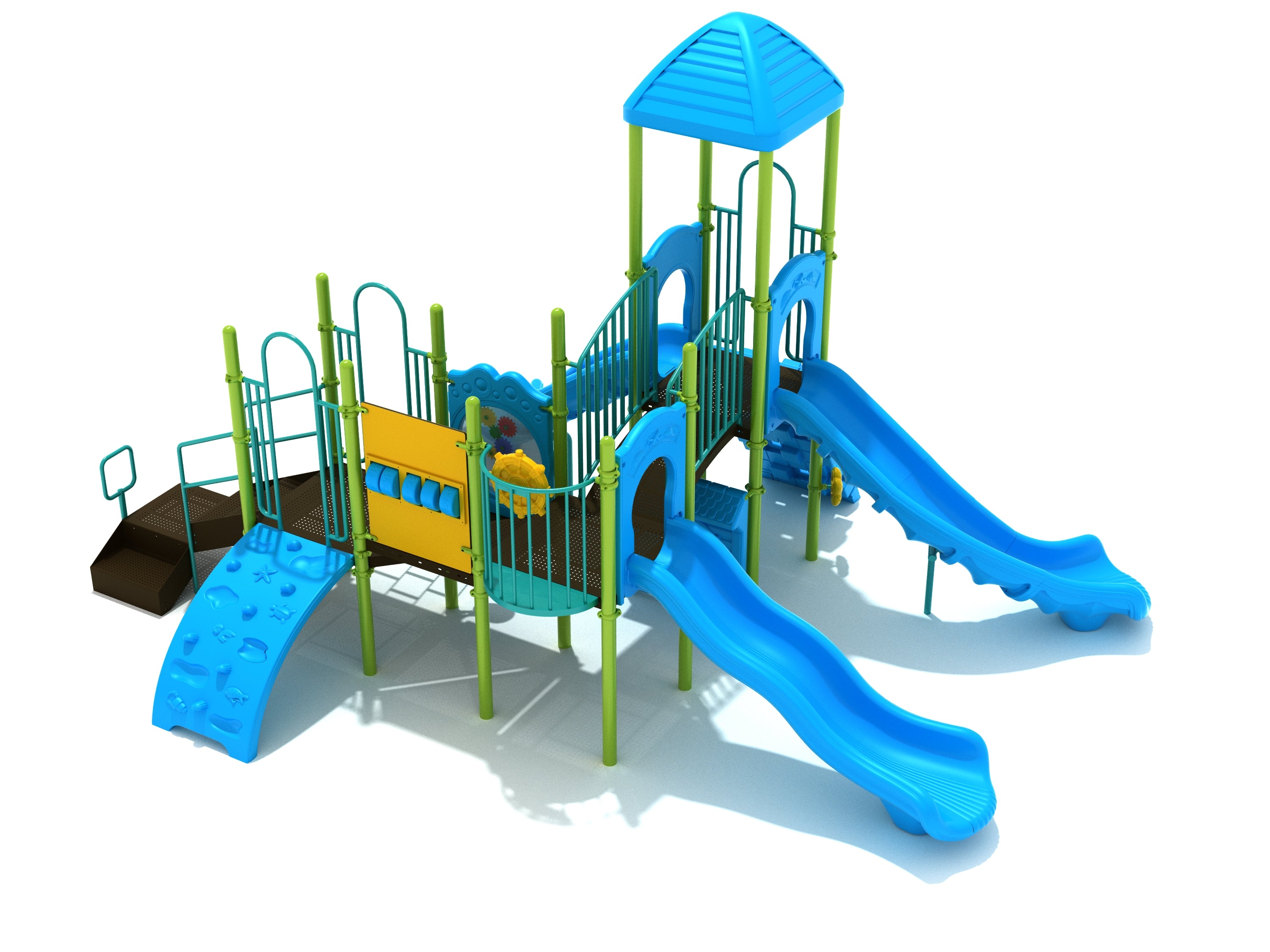 Commercial playground structure with three blue slides, climbers, gear panel, ship’s wheel, and ADA transfer station in blue and yellow colors
