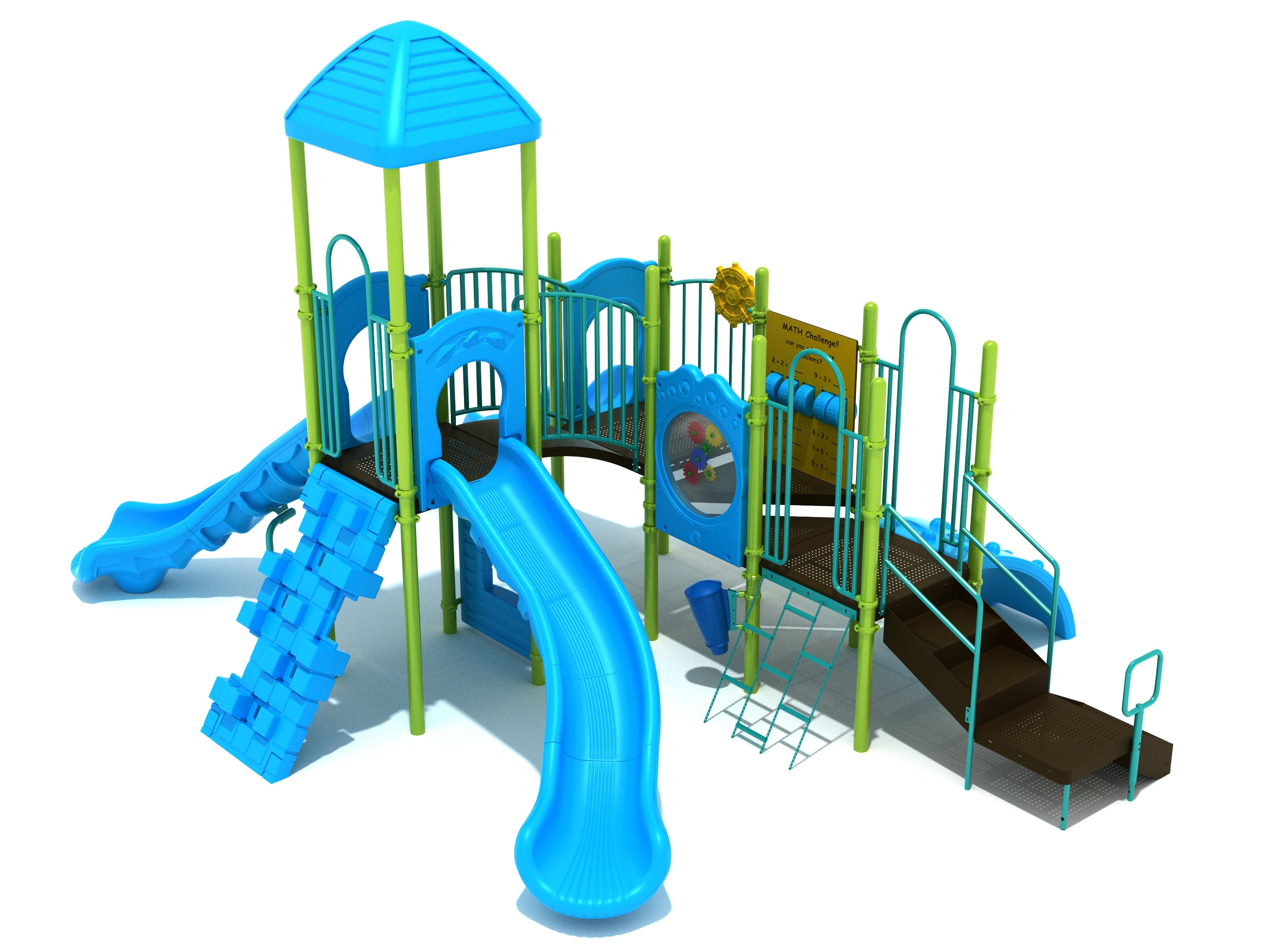 Blue and green commercial playground with wave and turn slides, pixel climber, gear and math activity panels, and ADA transfer station