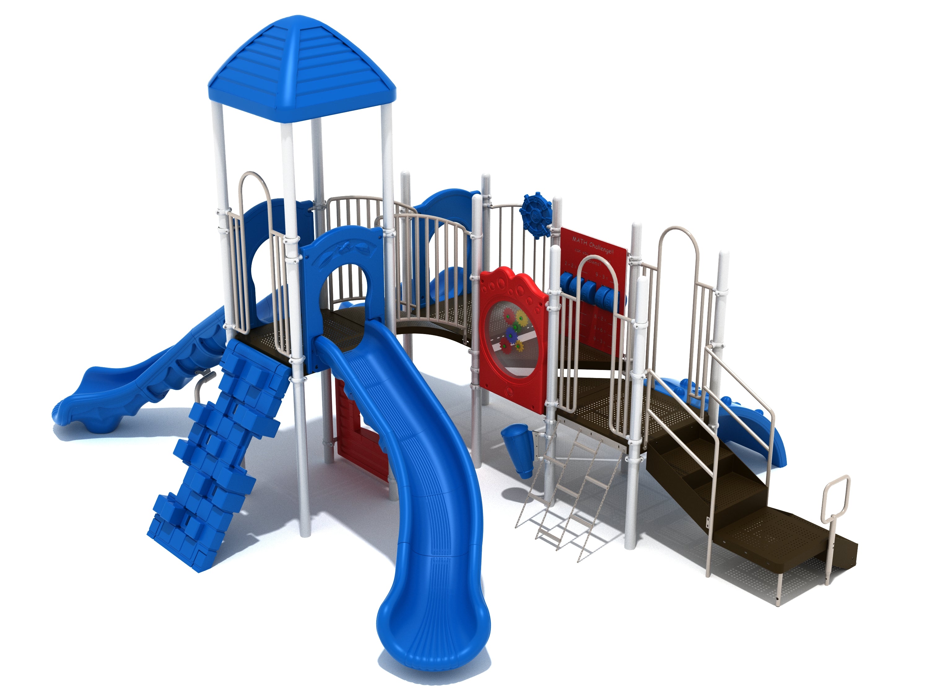 Commercial playground with blue slides, pixel and chain climbers, ADA transfer station, gear and math panels, ship’s wheel lookout deck