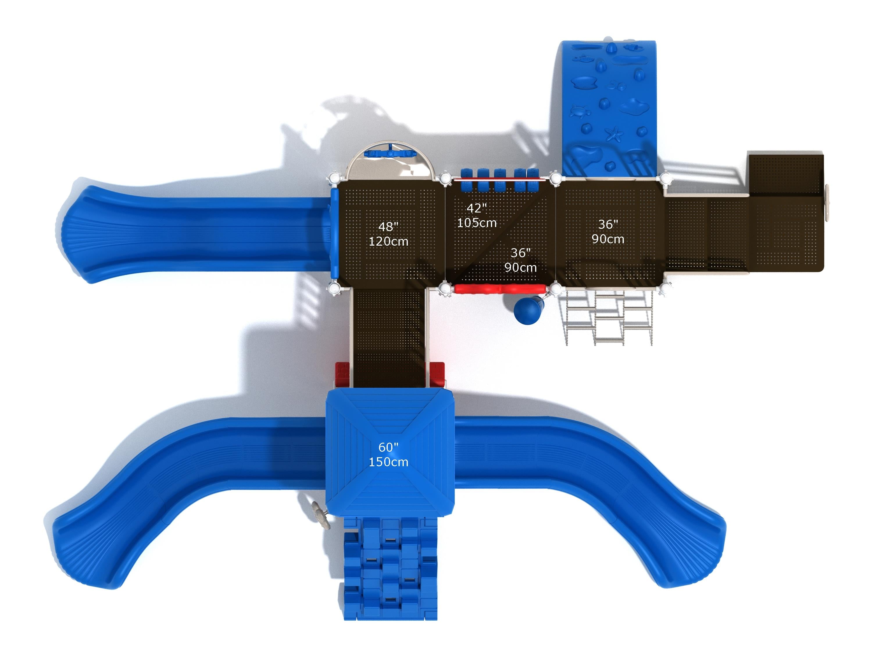Overhead view of commercial playground with blue wave and curved slides, linked decks, transfer station, and sea creature climber