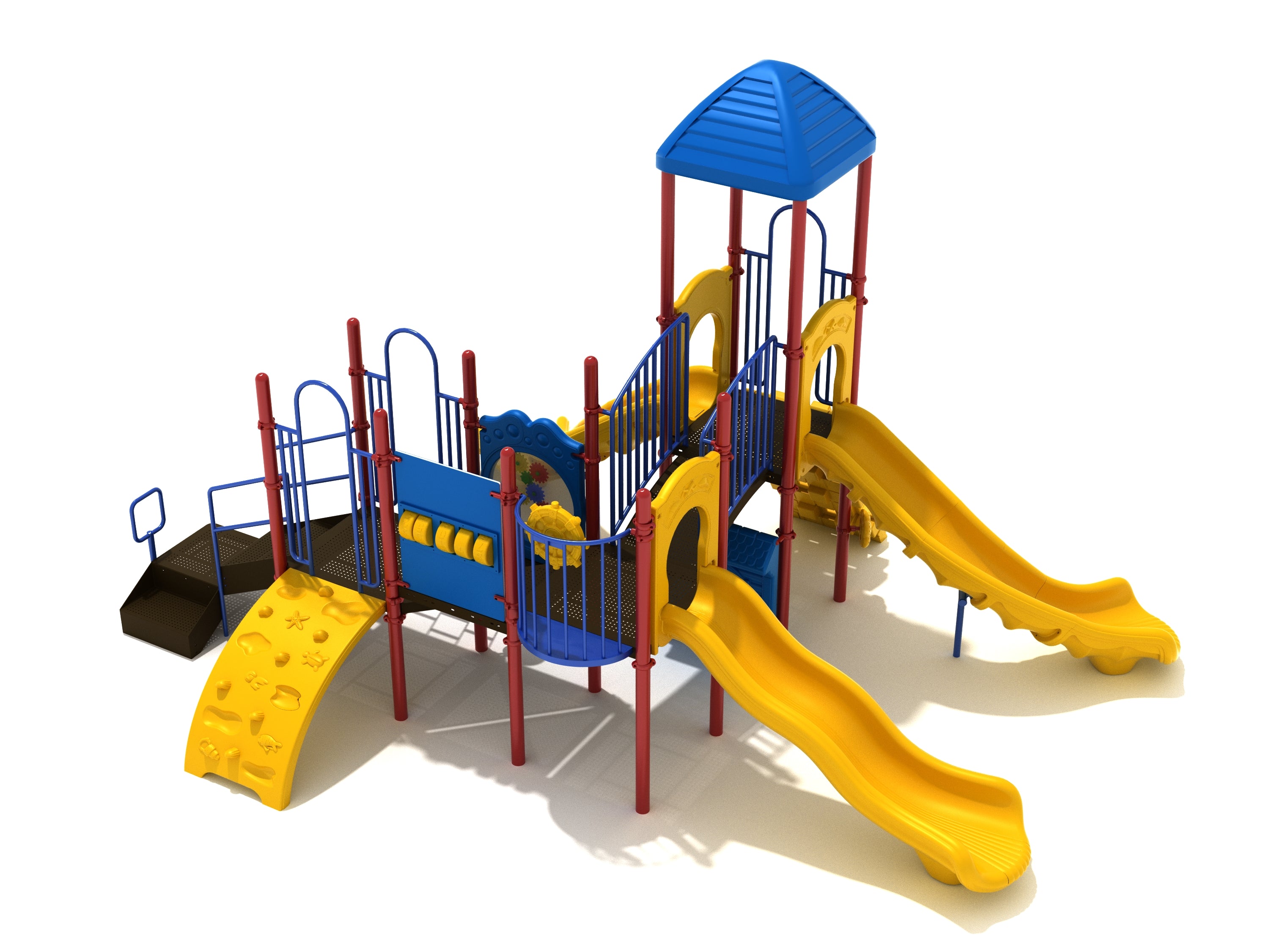 Commercial playground structure with three yellow slides, blue-roof tower, blue rails, climbers, and activity panels