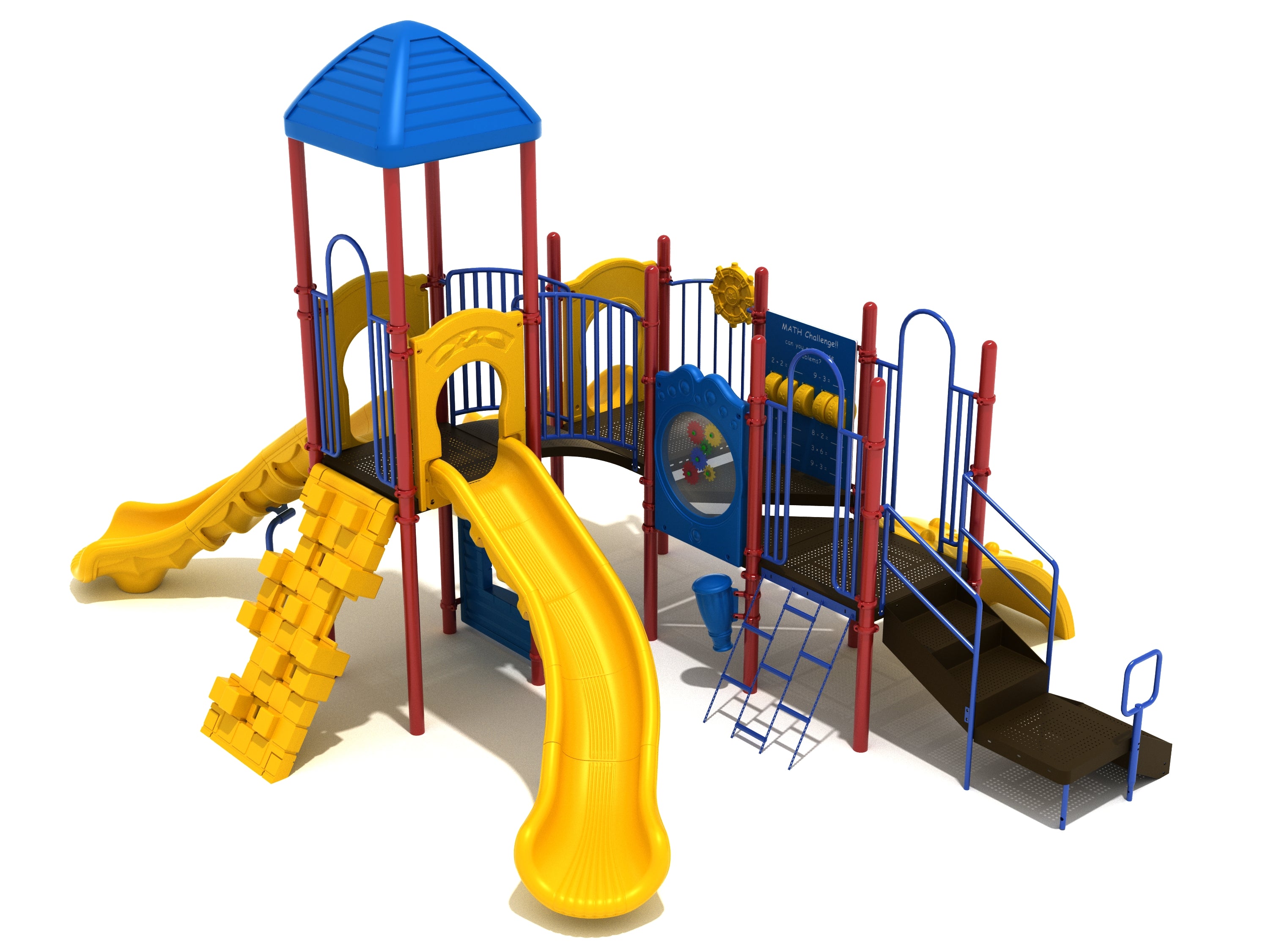 Commercial playground structure with yellow wave slide, blue roof, accessible ramp, climbers, and interactive gear and math panels