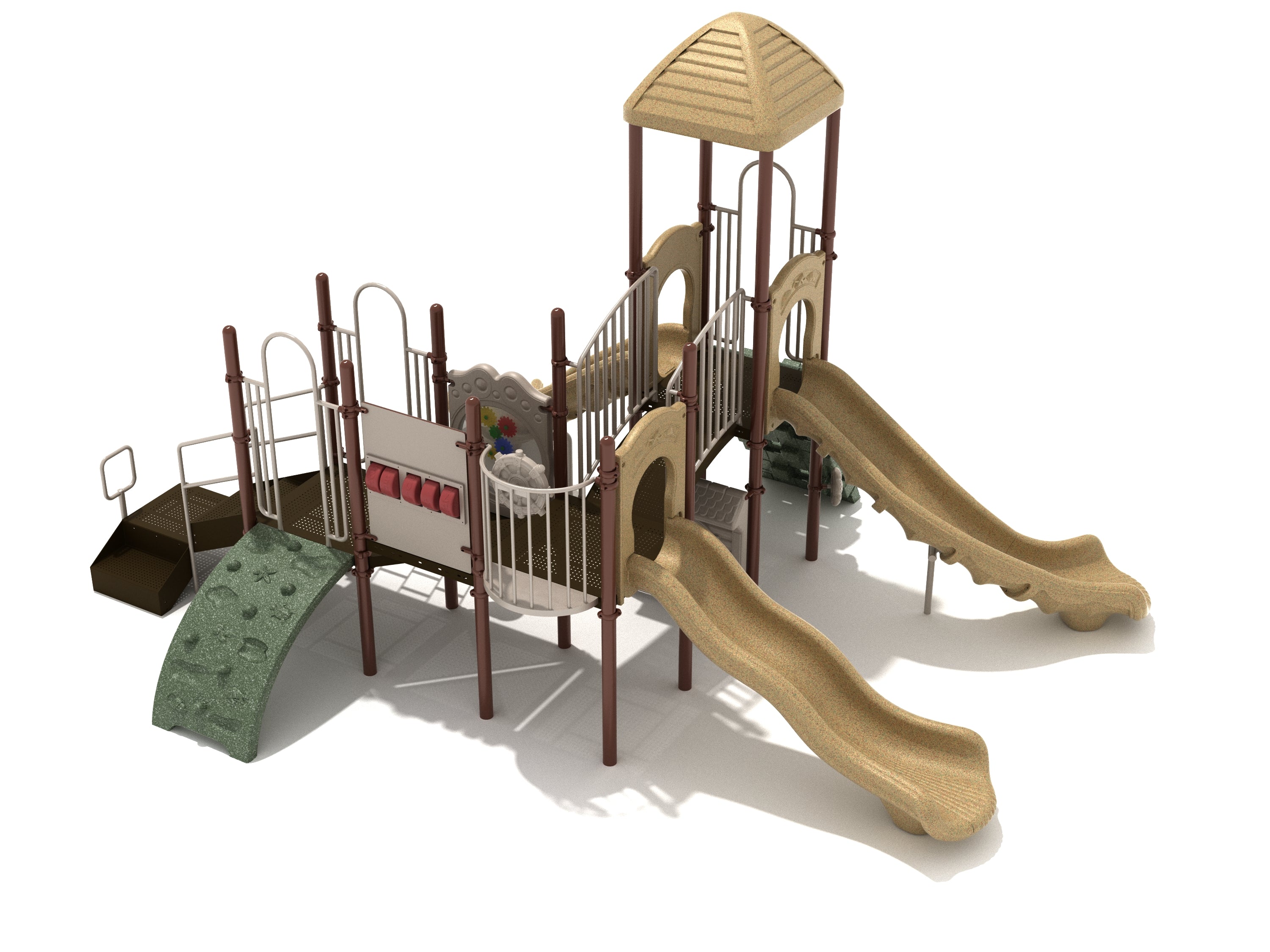 Modular playground with tan wave and turn slides, green rock climber, gear and math activity panels, and shaded lookout tower