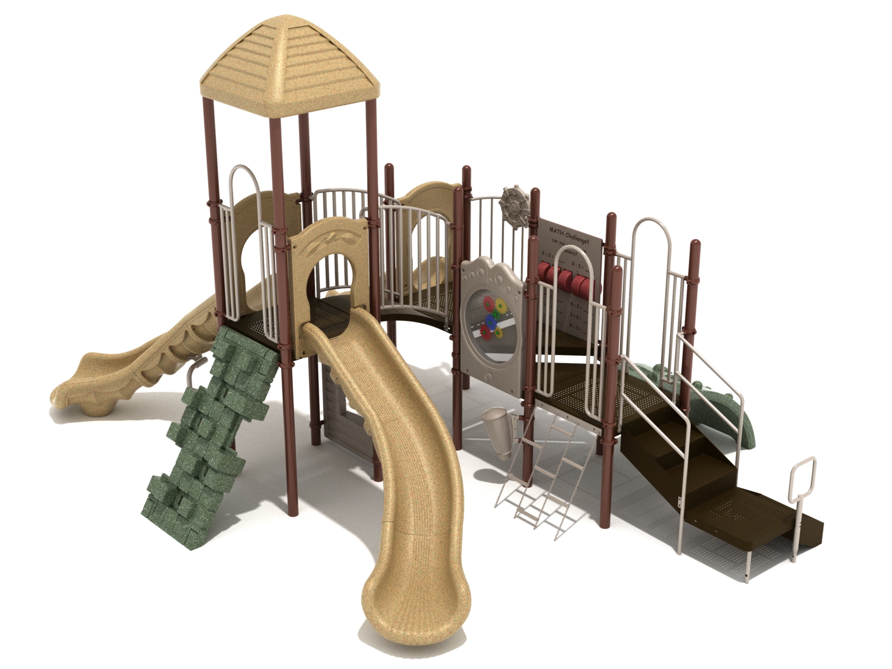 Commercial playground structure with wave and turn slides, multiple climbers, math and gear panels, and accessible transfer station in tan and green.