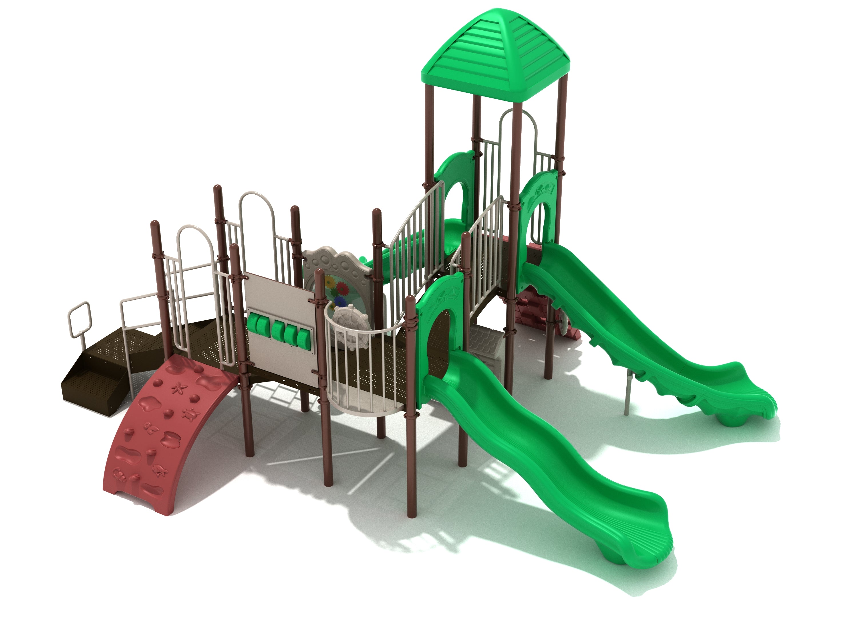 Commercial playground structure with green slides, red climbing wall, colorful gear panel, and canopy roof