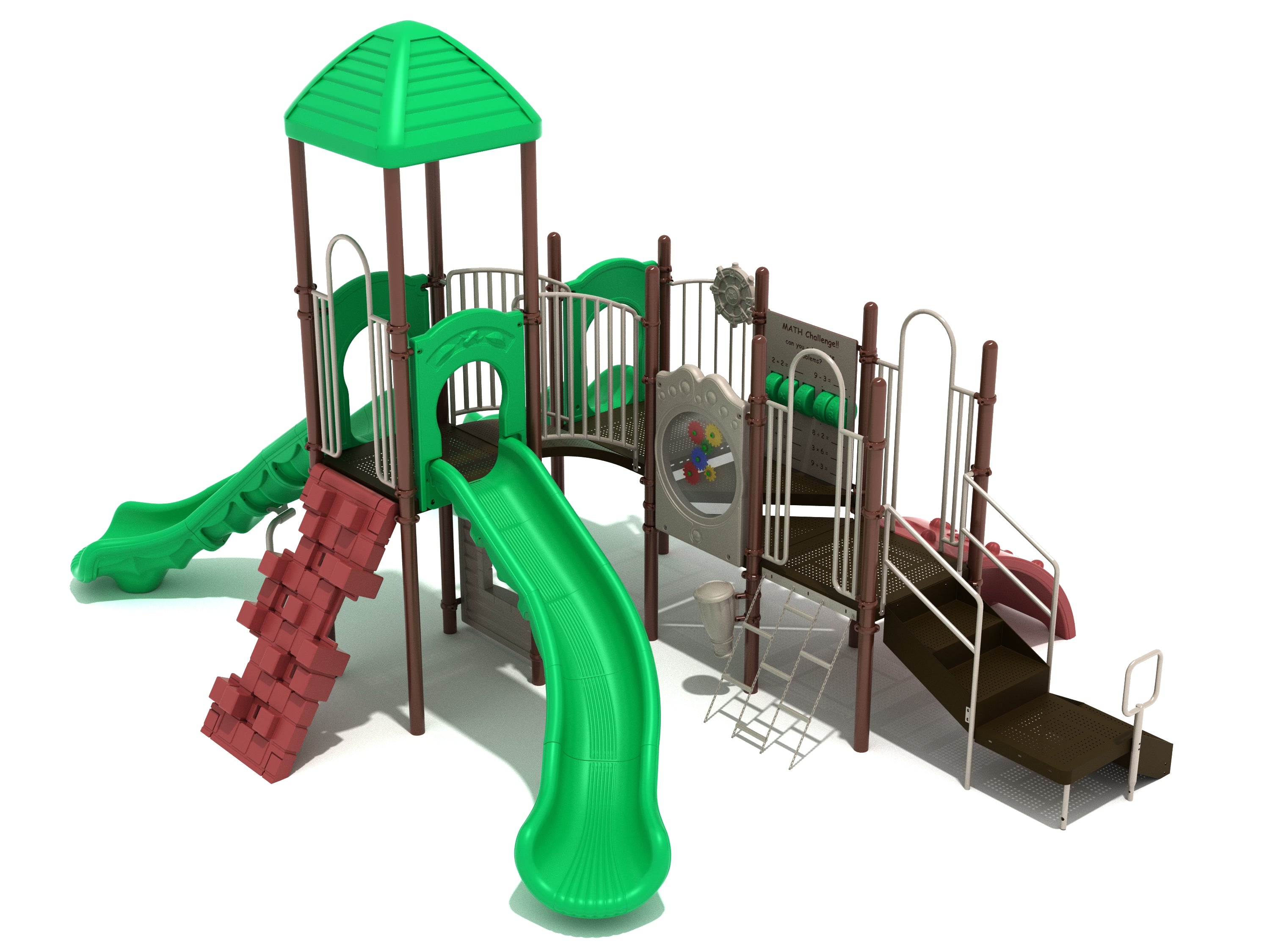 Modular commercial playground with green slides, red climber, accessible transfer station, gear and math panels, ship’s wheel