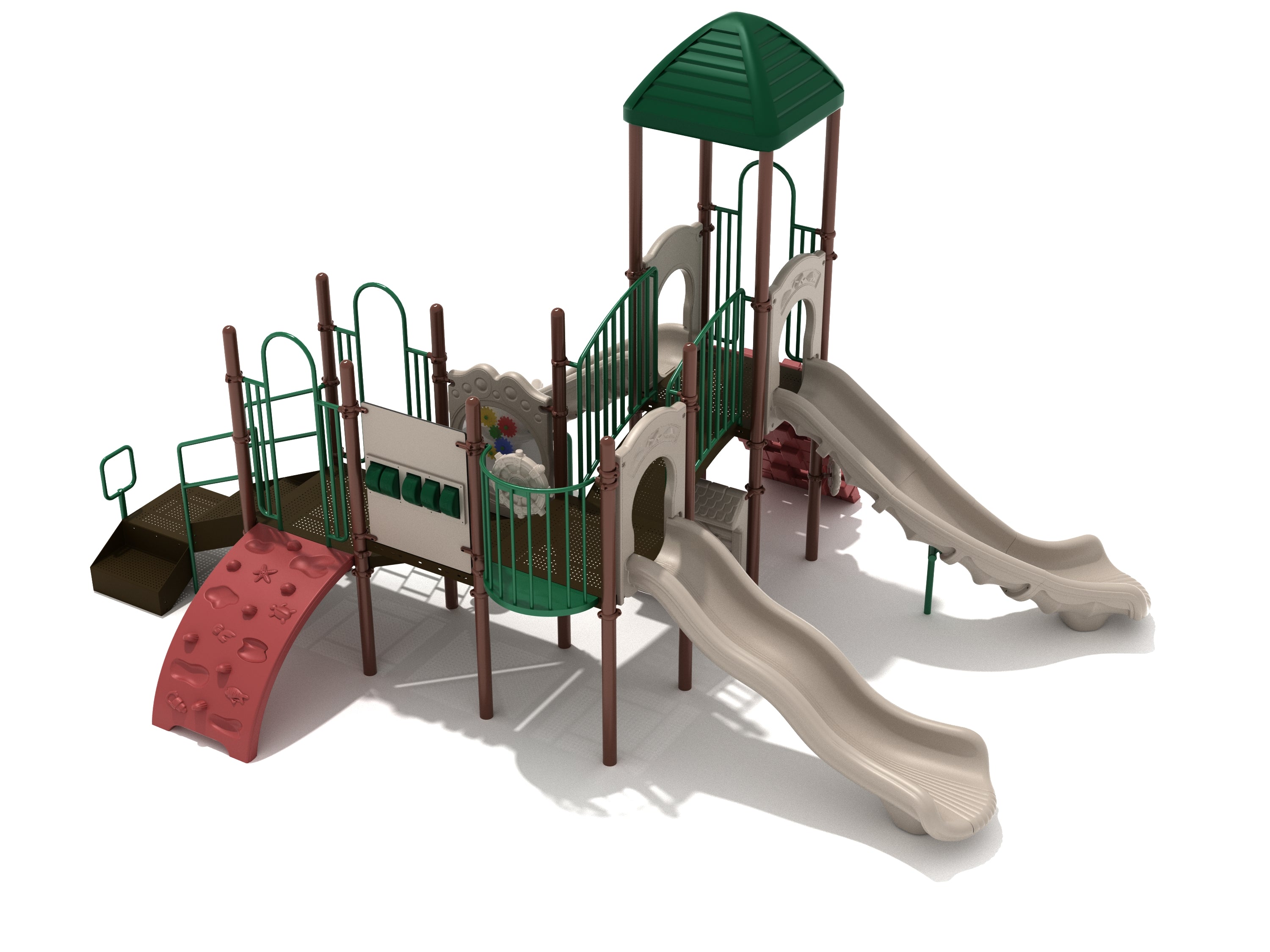 Amarillo Playground large play system with green roof, beige slides, red climber, interactive panels, and accessible transfer station