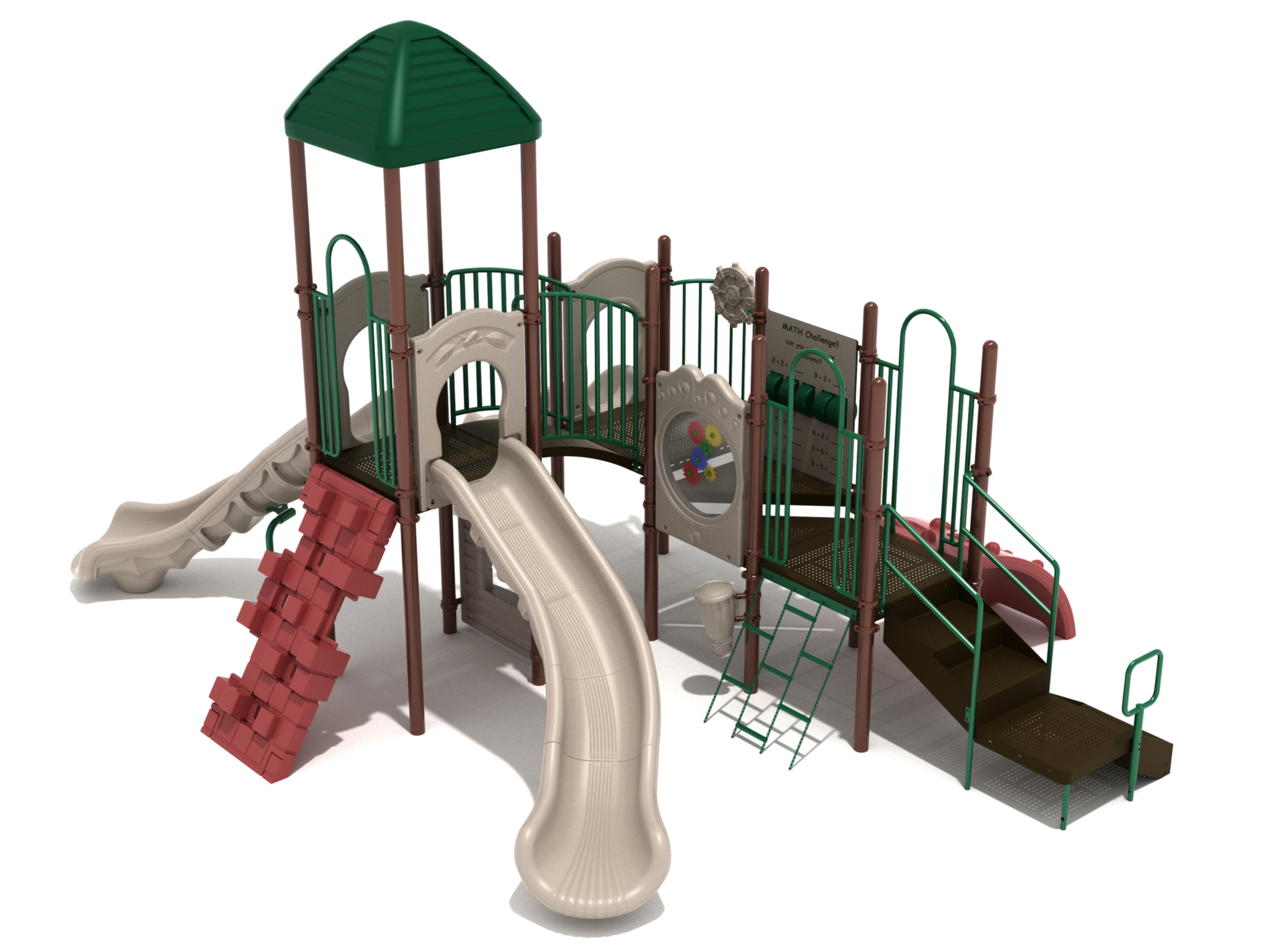 Commercial playground with roofed tower, curved and wave slides, pixel climber, gear and math panels, accessible transfer station