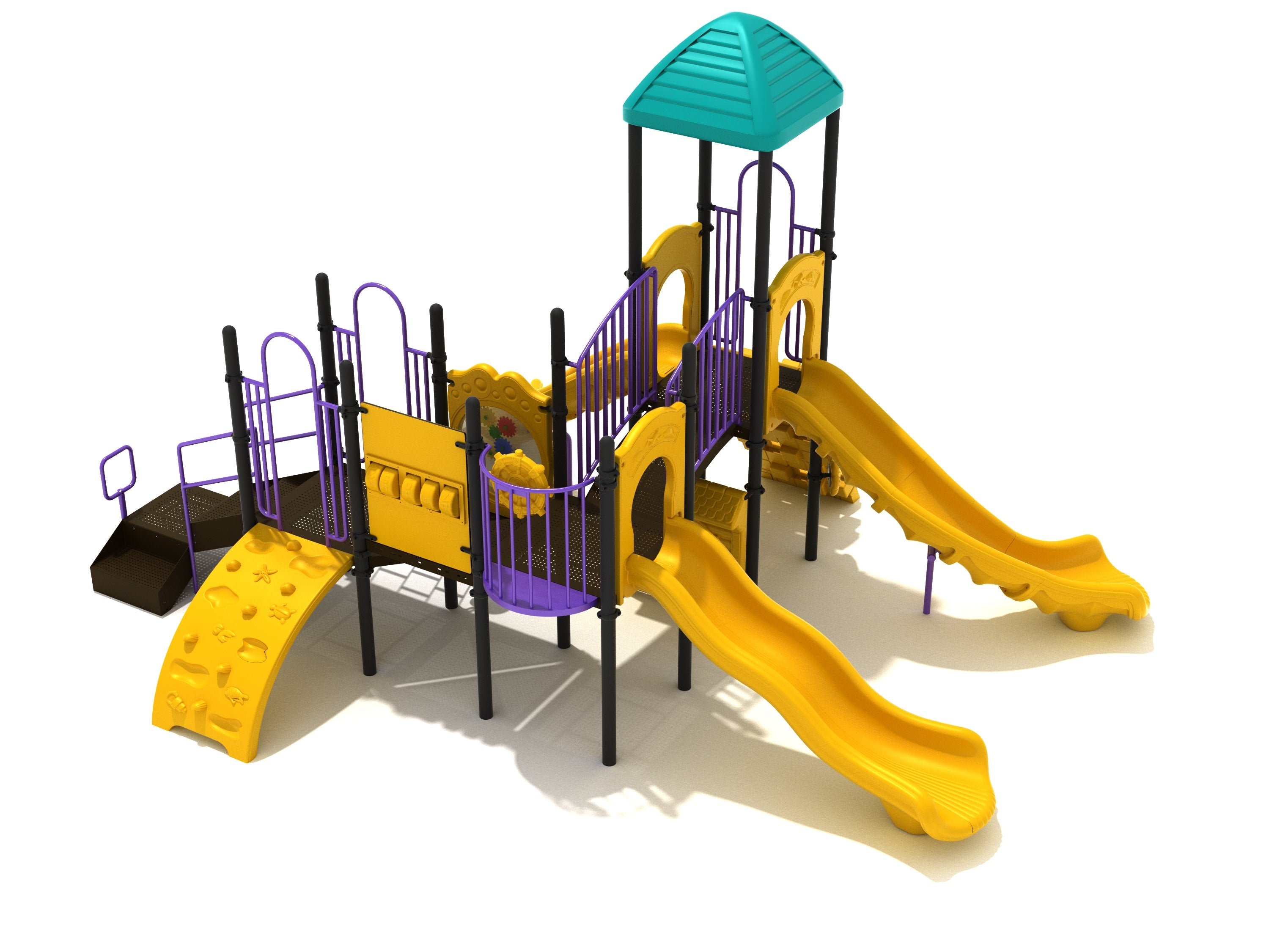 Commercial playground with teal roof, yellow slides, purple rails, sea creature climber, gear panel, and ADA transfer station
