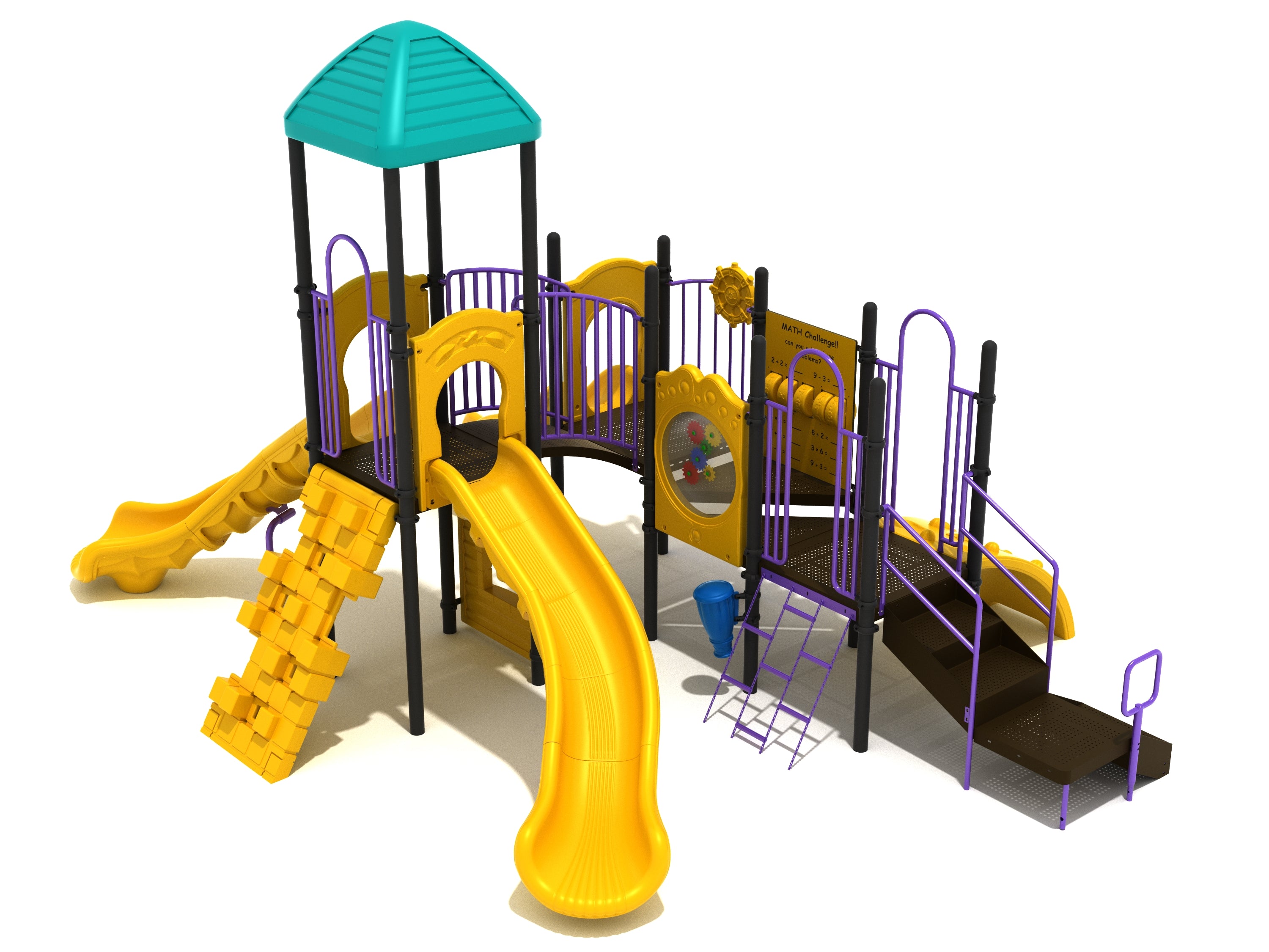Commercial playground with yellow slides, purple railings, climbers, gear and math activity panels, and a teal roof