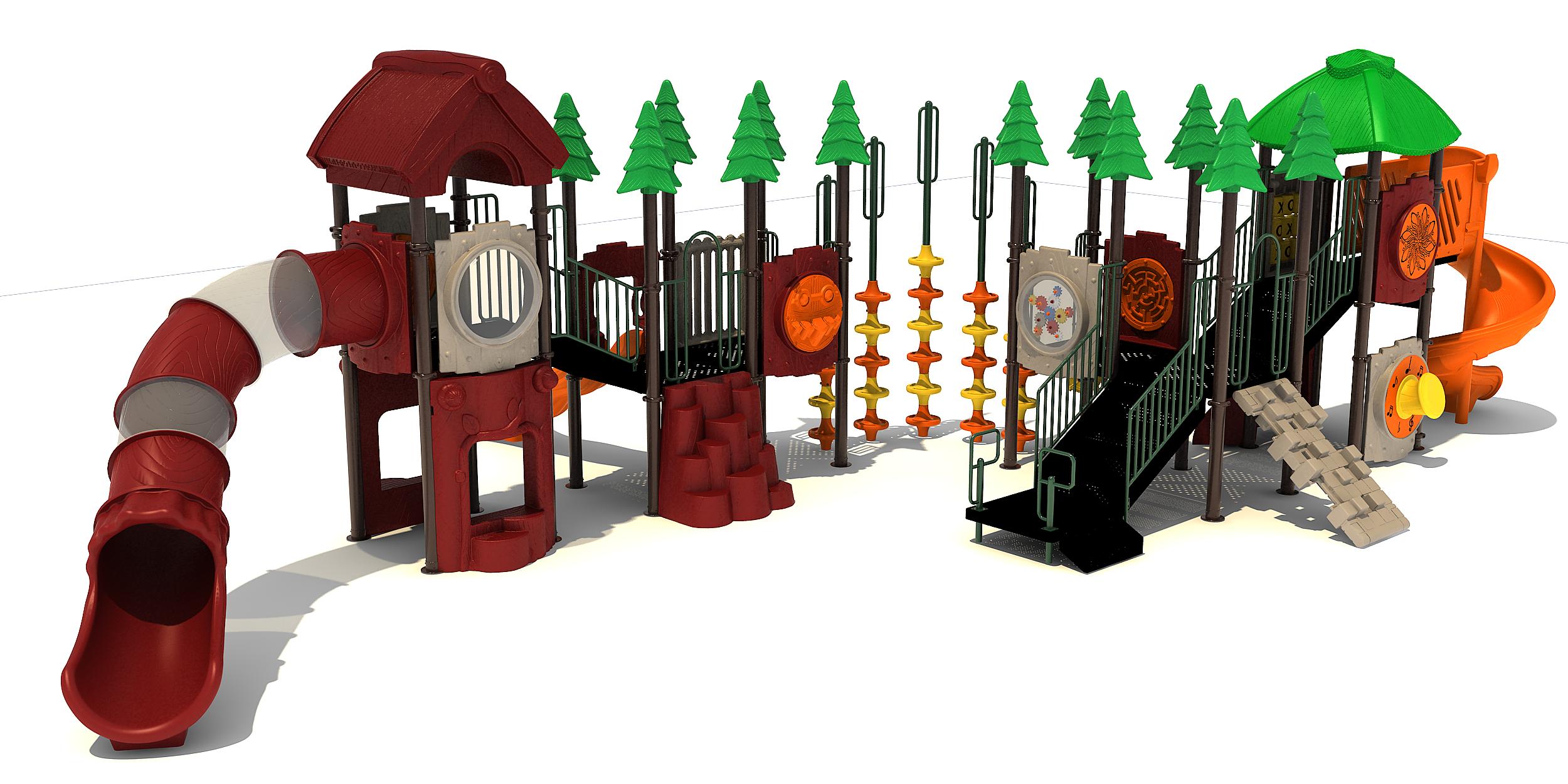 Colorful outdoor playground with slides, climbing structures, interactive panels, and tree-shaped accents