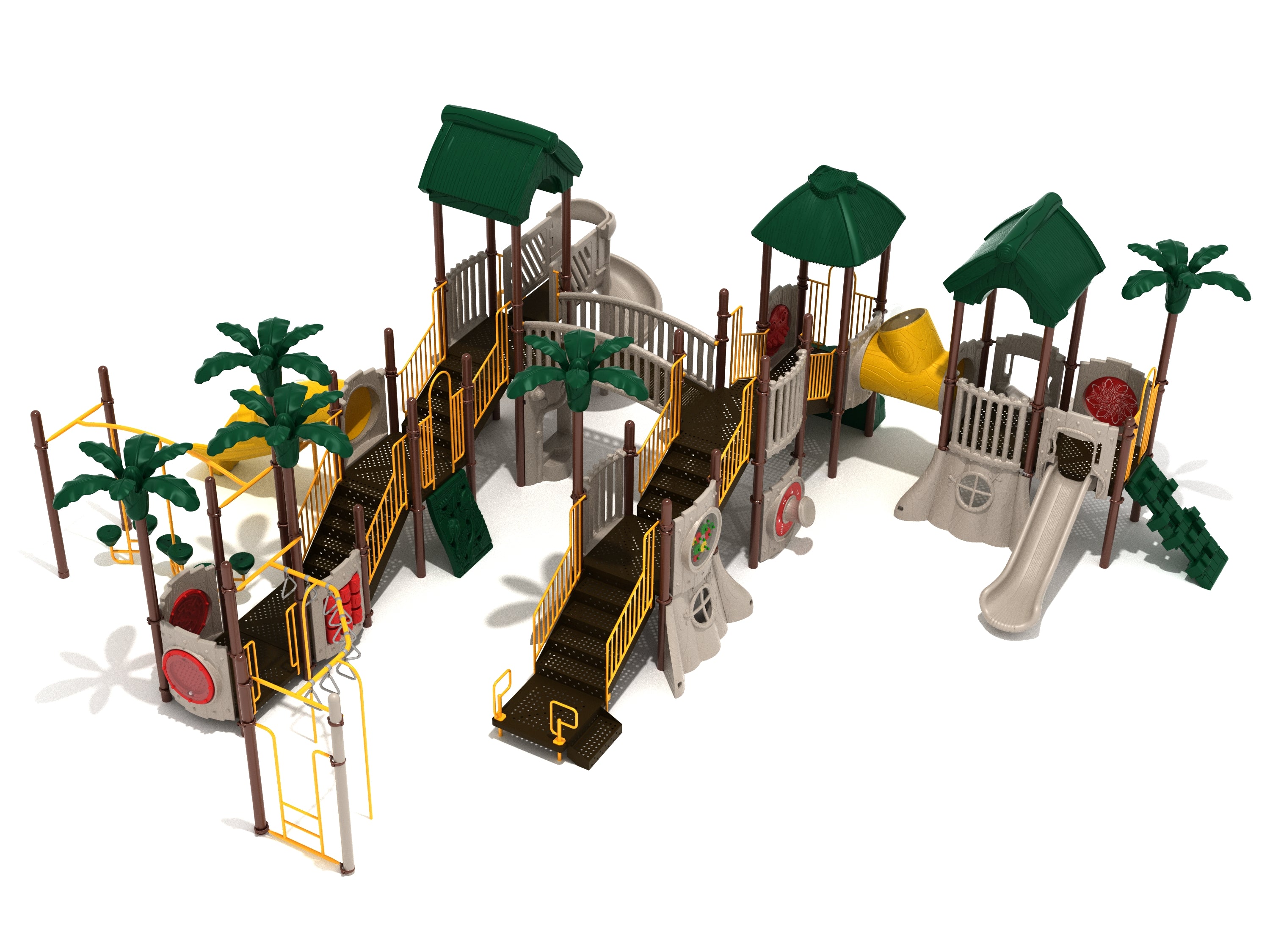 Outdoor playground structure with slides, climbing walls, bridges, and palm tree accents in green, yellow, and beige colors.