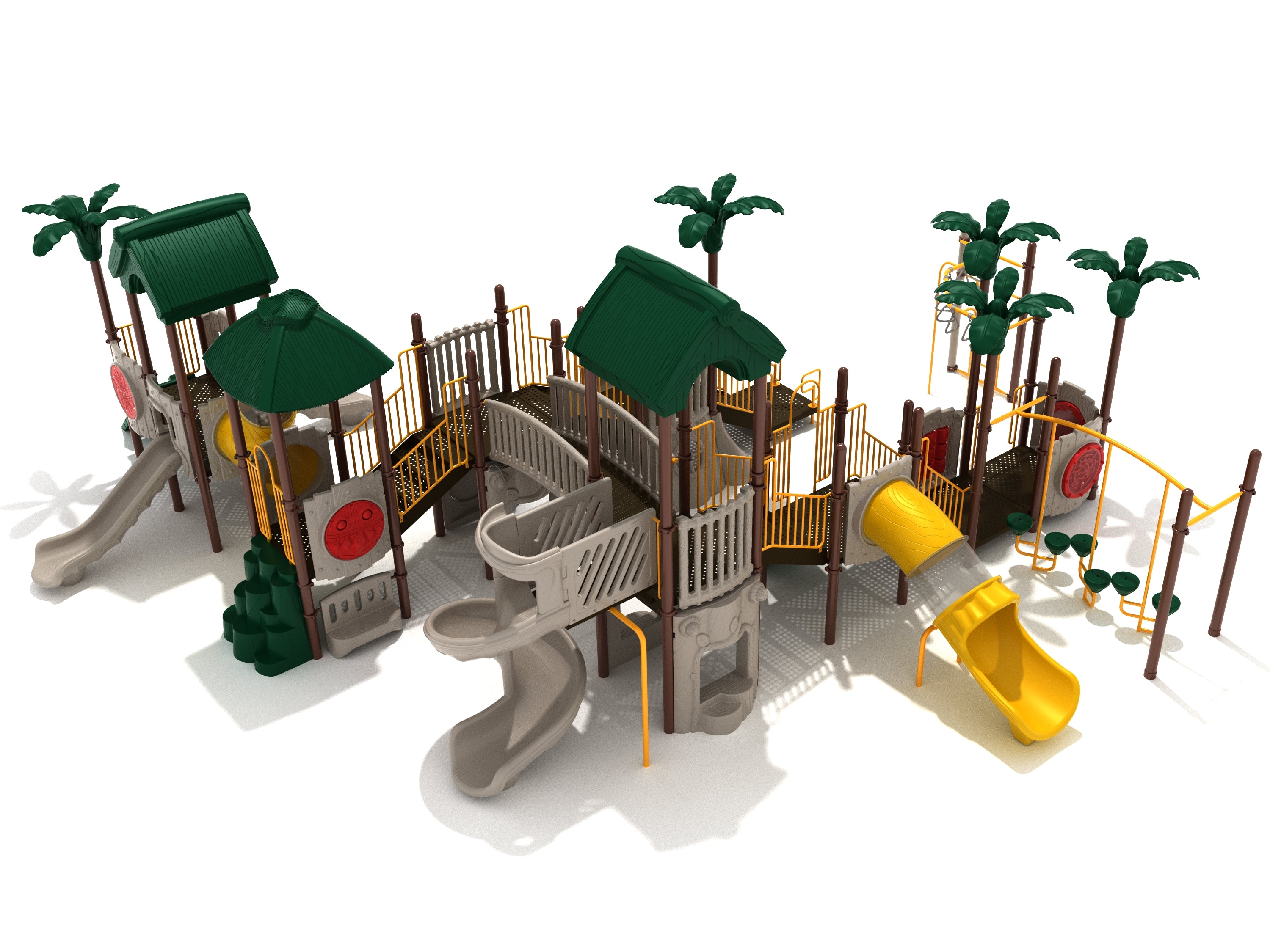 Outdoor playground structure with slides, climbing elements, bridges, and palm tree accents in green, yellow, and beige colors.