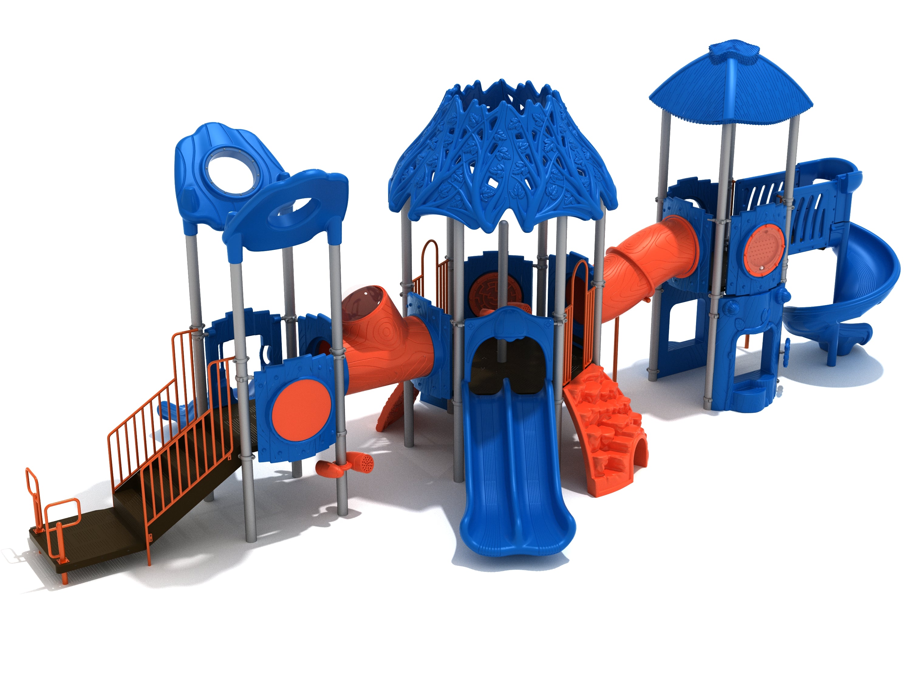 Colorful outdoor playground with blue and orange climbing structures, slides, tunnels, and a decorative canopy roof