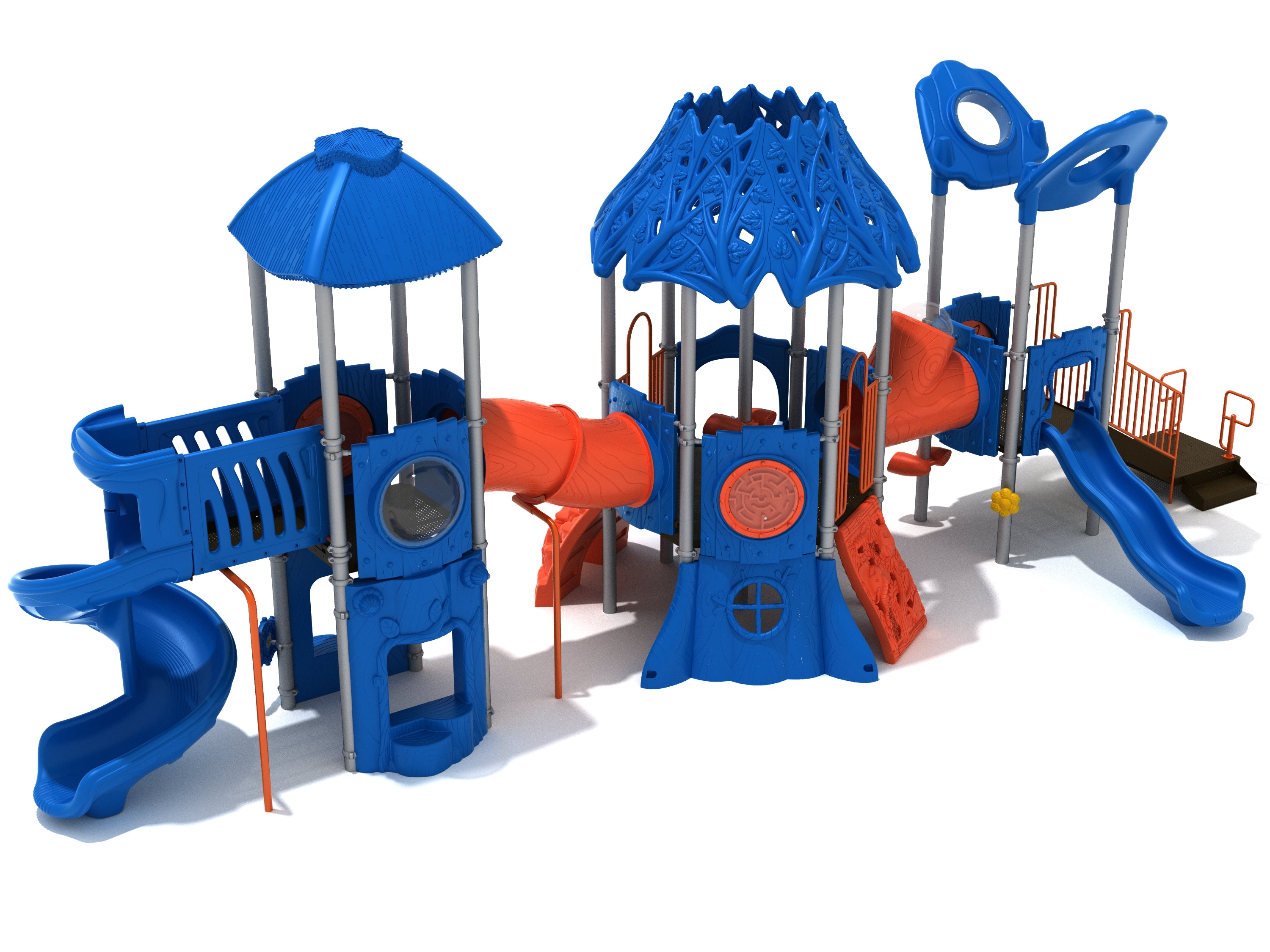 Gecko Grotto Playground with vibrant blue and orange climbing structures, slides, and interactive play elements for active outdoor fun