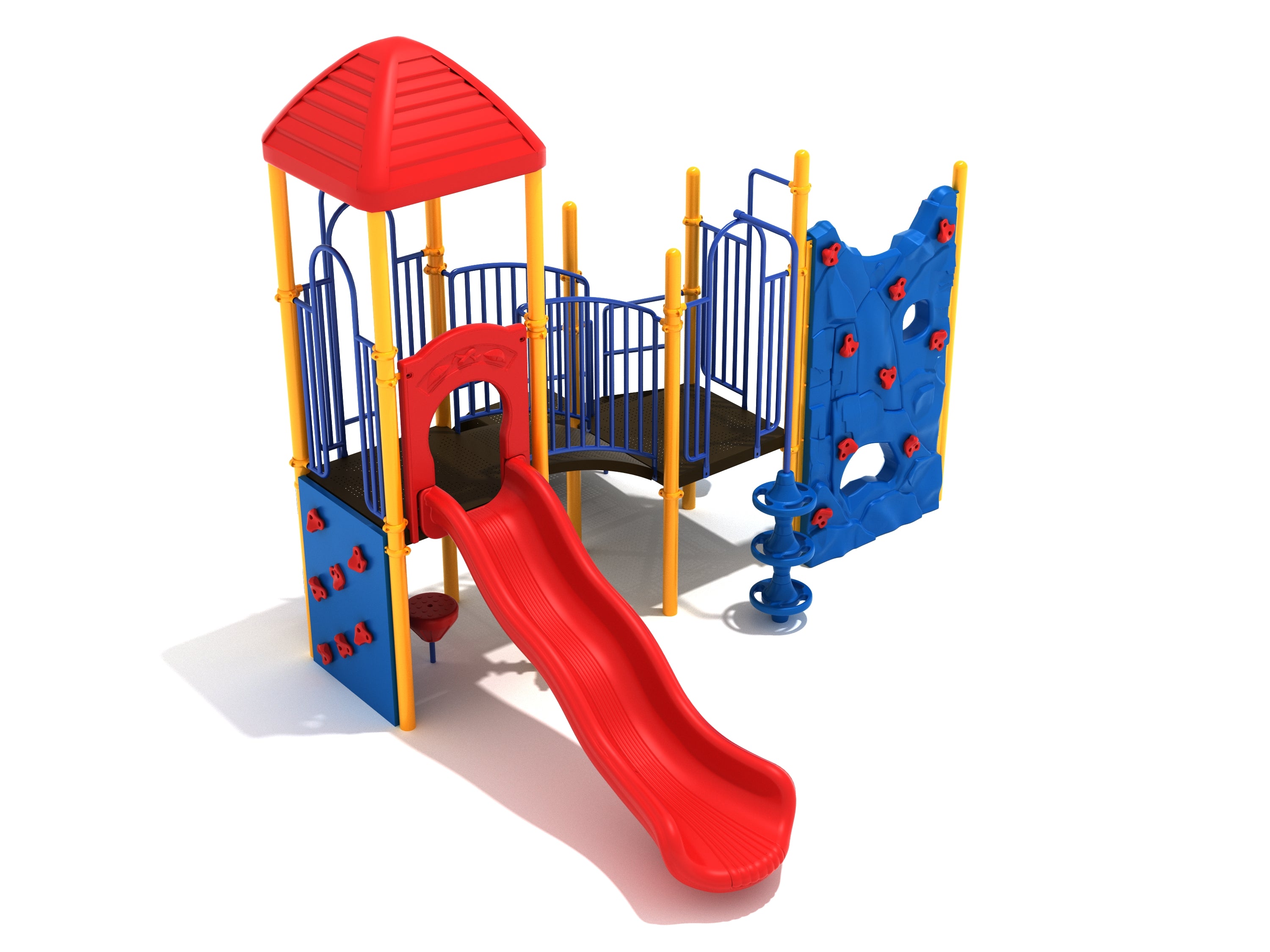 Wilmington Playground with red wave slide, dual blue rock climbing walls, spiral climber, arched bridge, red roof, and yellow posts