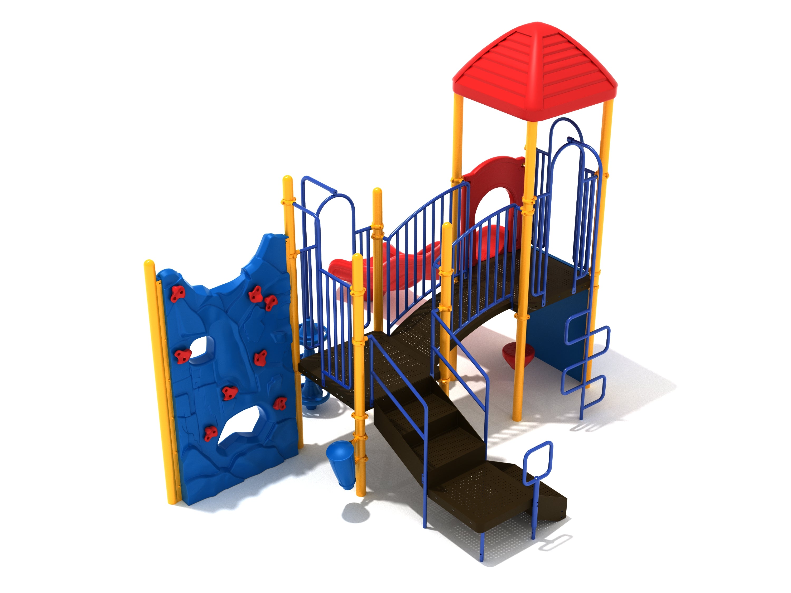 Colorful playground structure with multiple vertical climbers, including rock walls, a red slide, yellow posts, and black platforms.