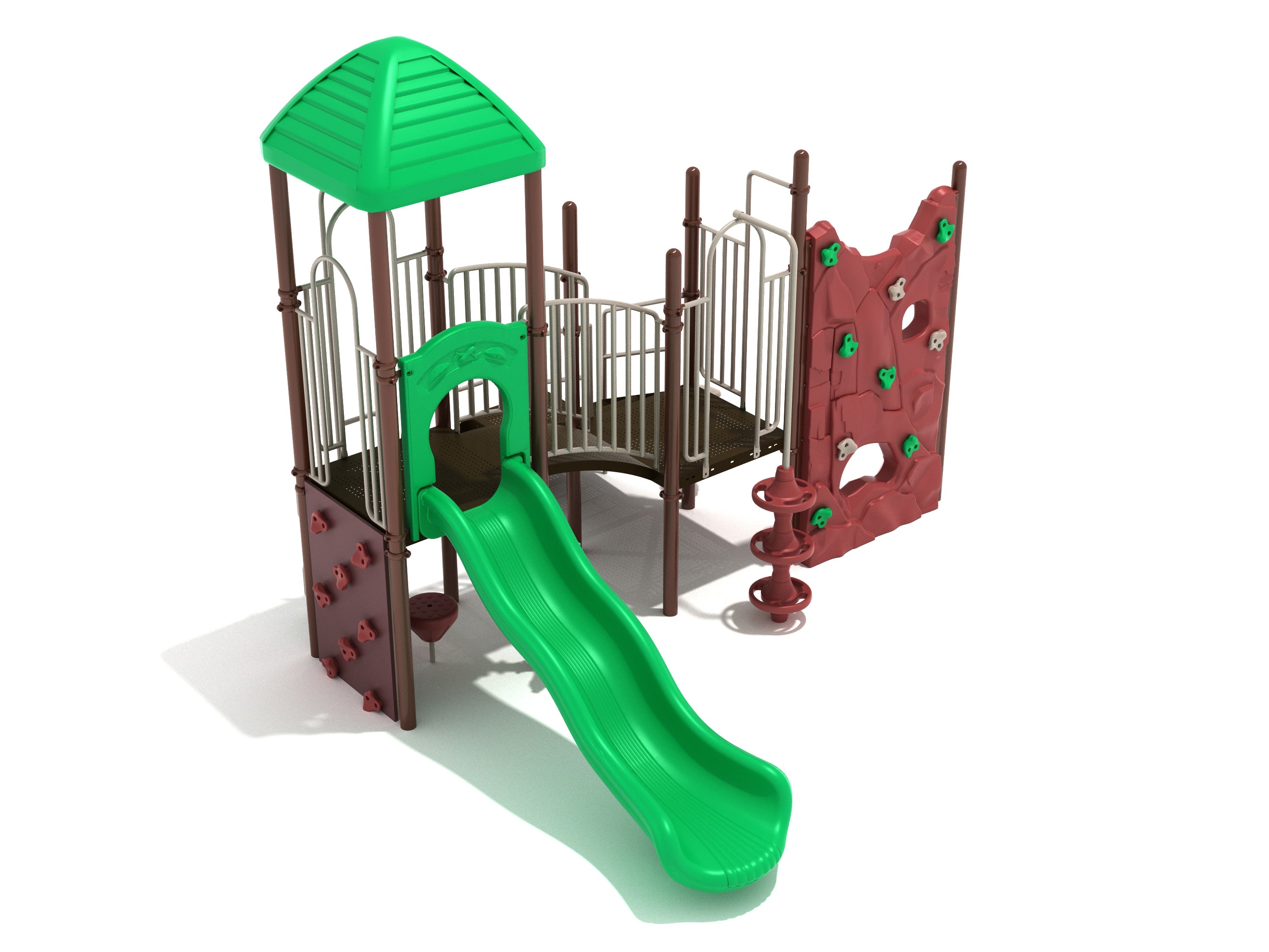 Playground structure with green wave slide, green roof, brown double-sided rock climbing walls with grips, metal railings, and multiple vertical climbers