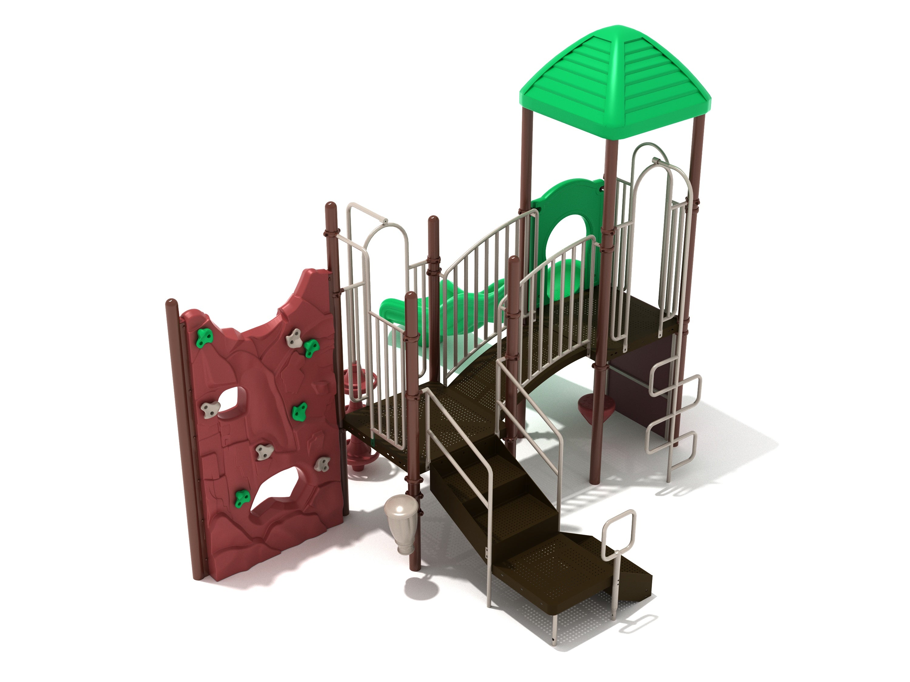 Playground structure with green roof, brown stairs, green wave slide, red rock climbing wall, and metal railings