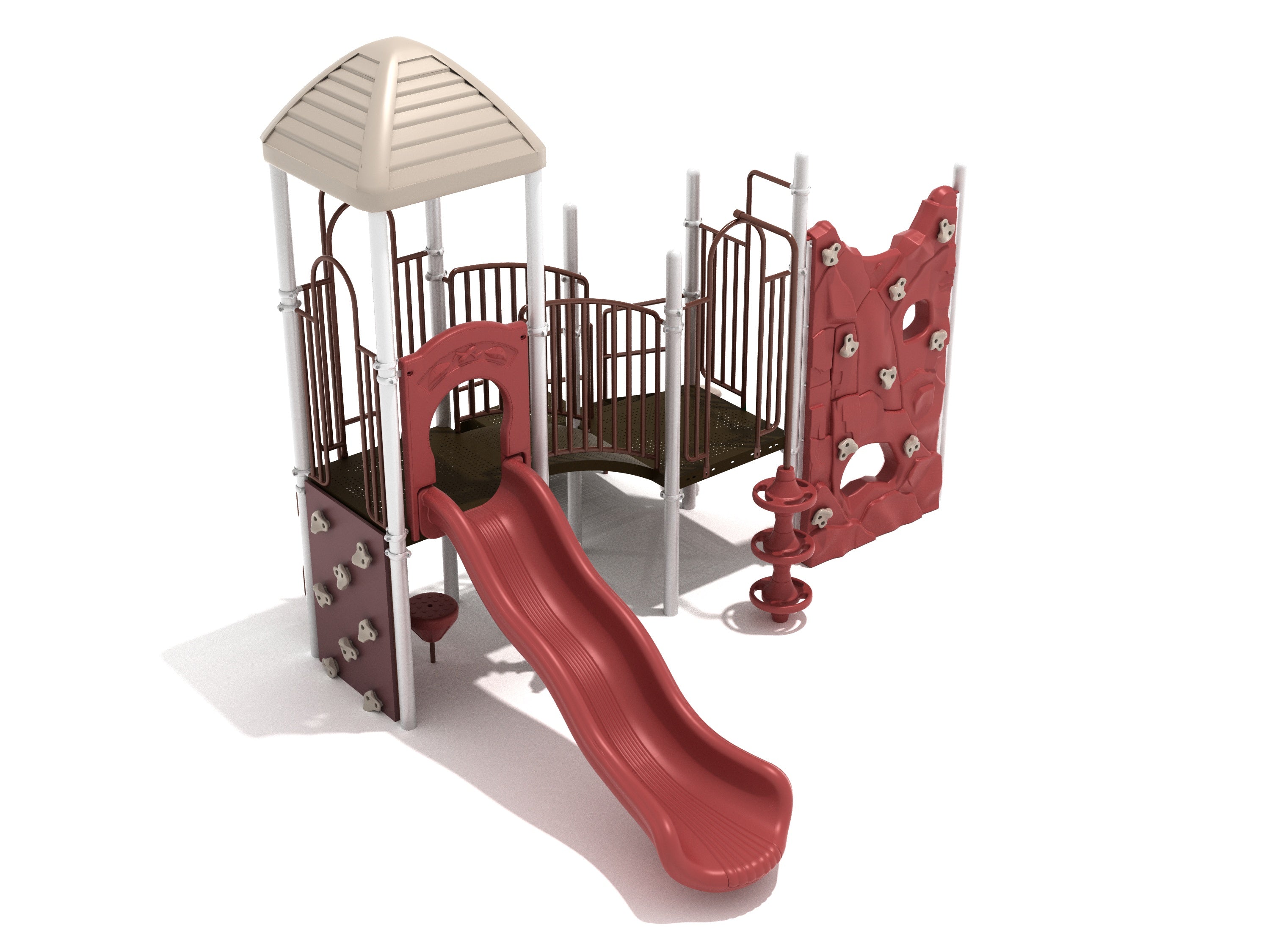 Playground structure with red wave slide, four vertical climbing walls with grips, elevated deck with roof, ship’s wheel, and single drum