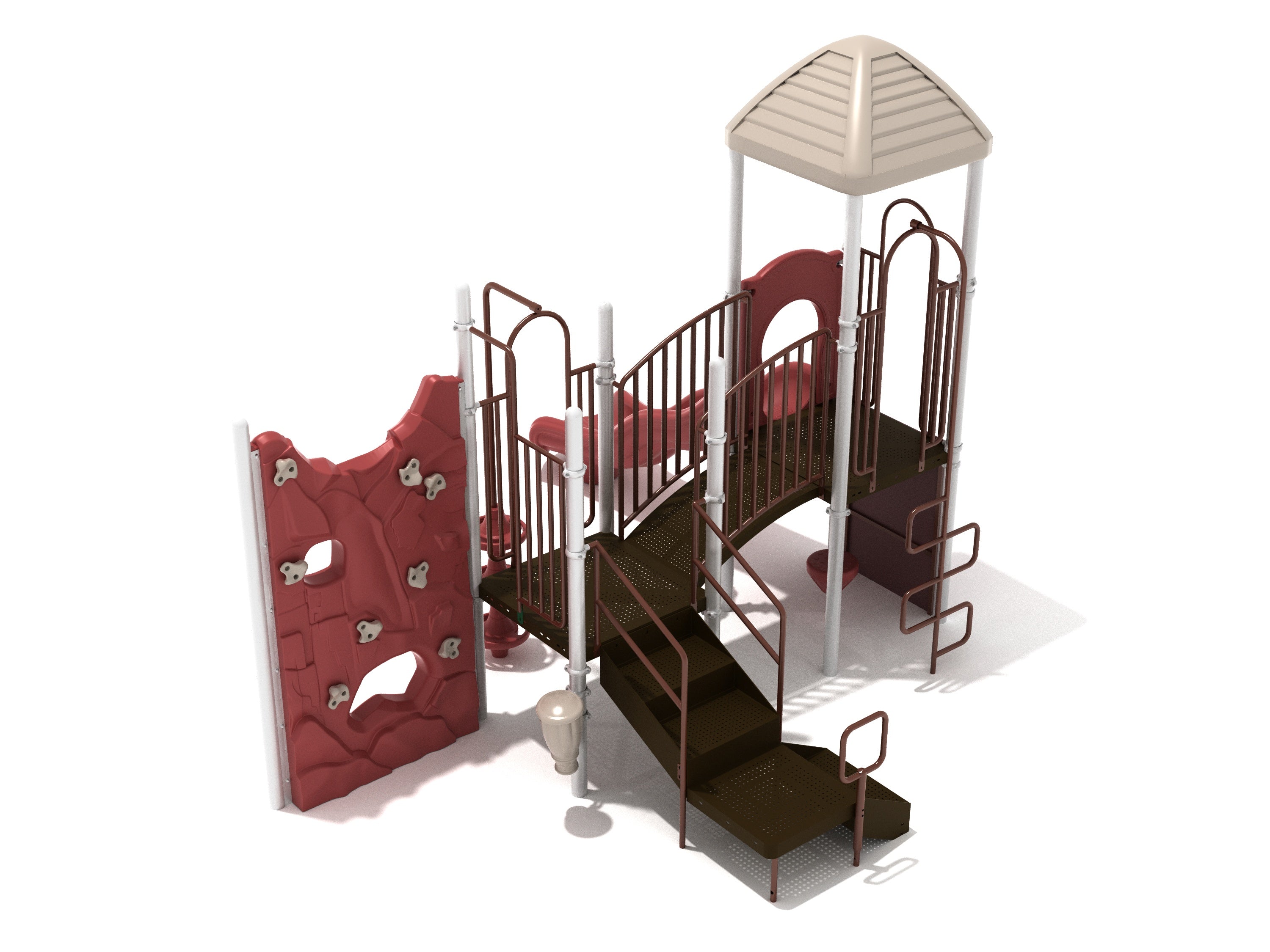 Playground structure with red rock climbing wall, brown stairs, beige roof canopy, and slide