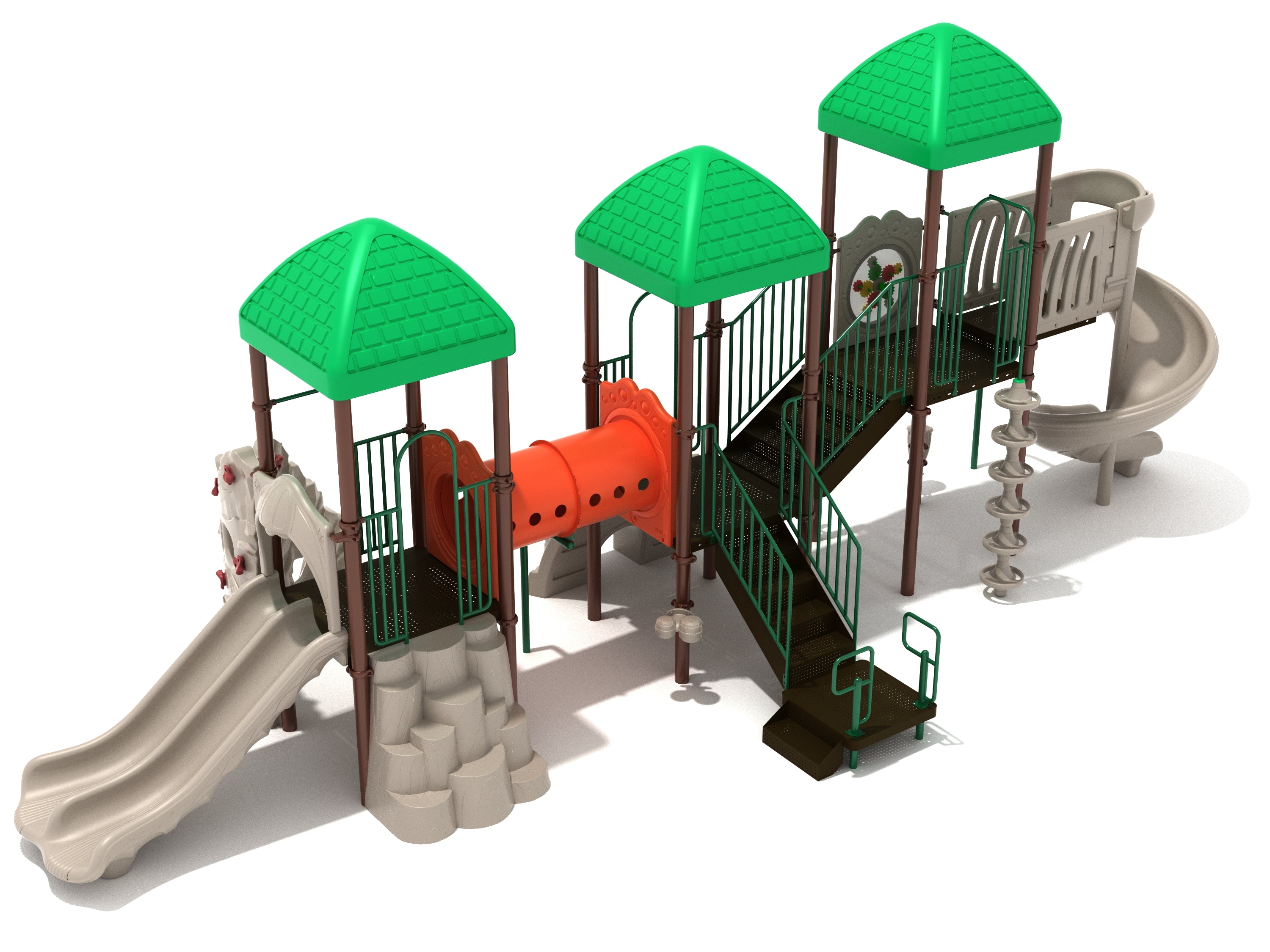 Elevated playground structure with green roofs, beige slides, orange tunnel, stairs, and climbing features