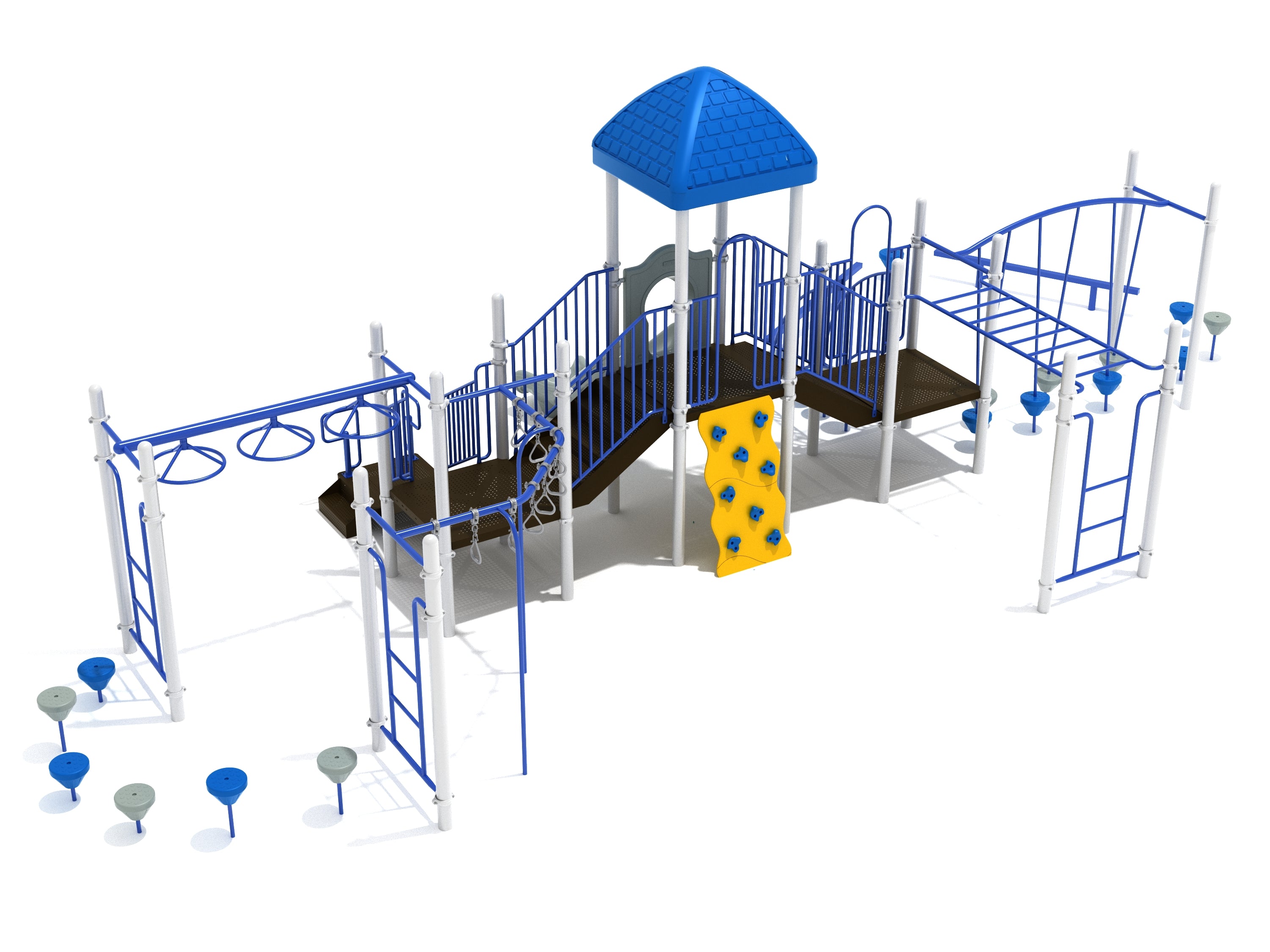 Commercial playground obstacle course with blue roof, overhead ring ladders, monkey bars, rock wall, balance steppers