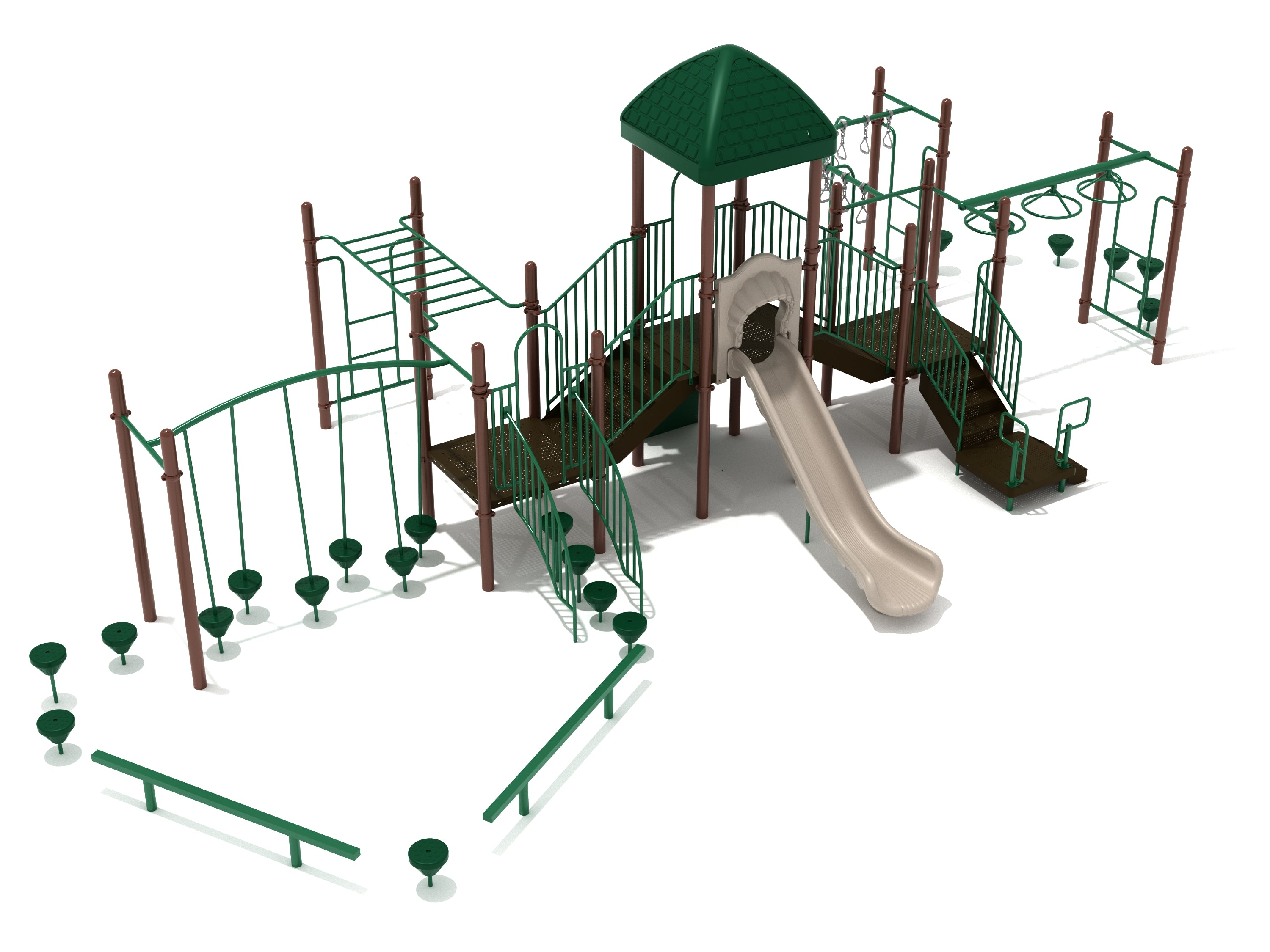 Playground obstacle course structure with tall slide, overhead climbers, balance beams, pebble steps, wavy rock wall